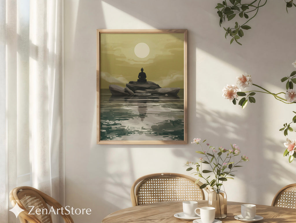 Zen Buddha Minimalist Wall Art - Meditative Landscape Print in Neutral Beige & Green for Japandi, Scandinavian Home Decor