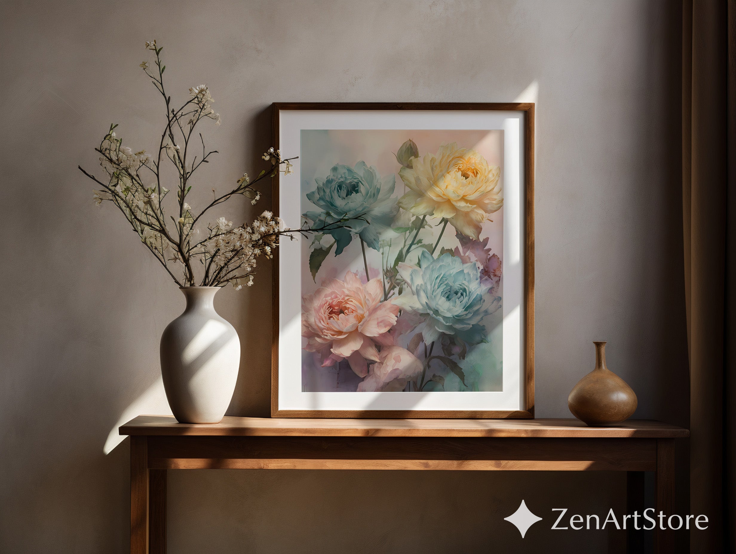 Pastel Peony Floral Wall Art Print, Soft Watercolor Botanical Canvas, Calming Neutral Home Decor (Large Printable)