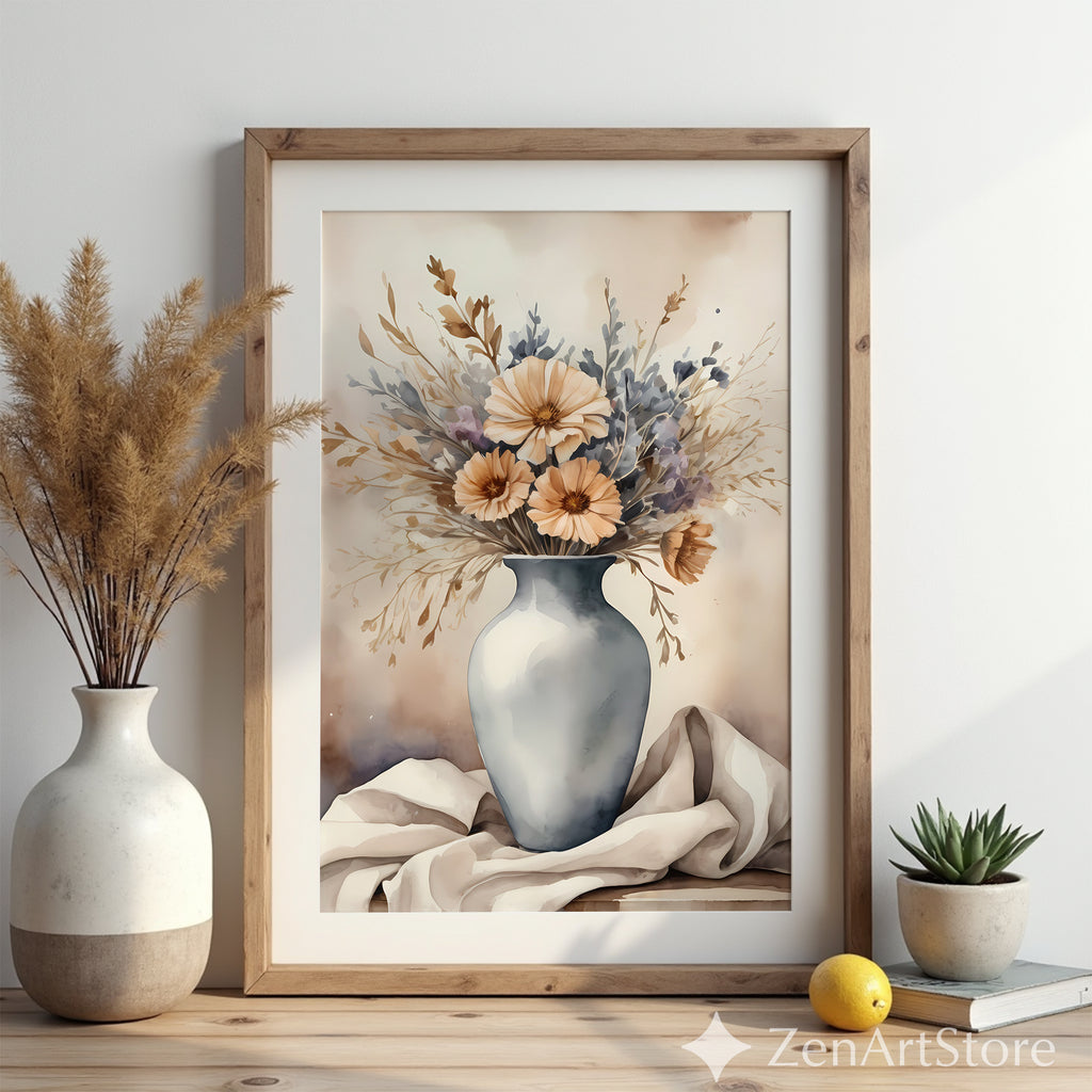 Neutral Floral Vase Art Print - Japandi Wabi Sabi Beige Botanical Wall Decor, Minimal Scandinavian Home Accent