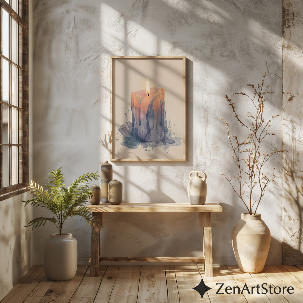 Melting Candle Minimal Art Print - Wabi Sabi Japandi Neutral Wall Decor, Beige Blue Abstract Candle Painting