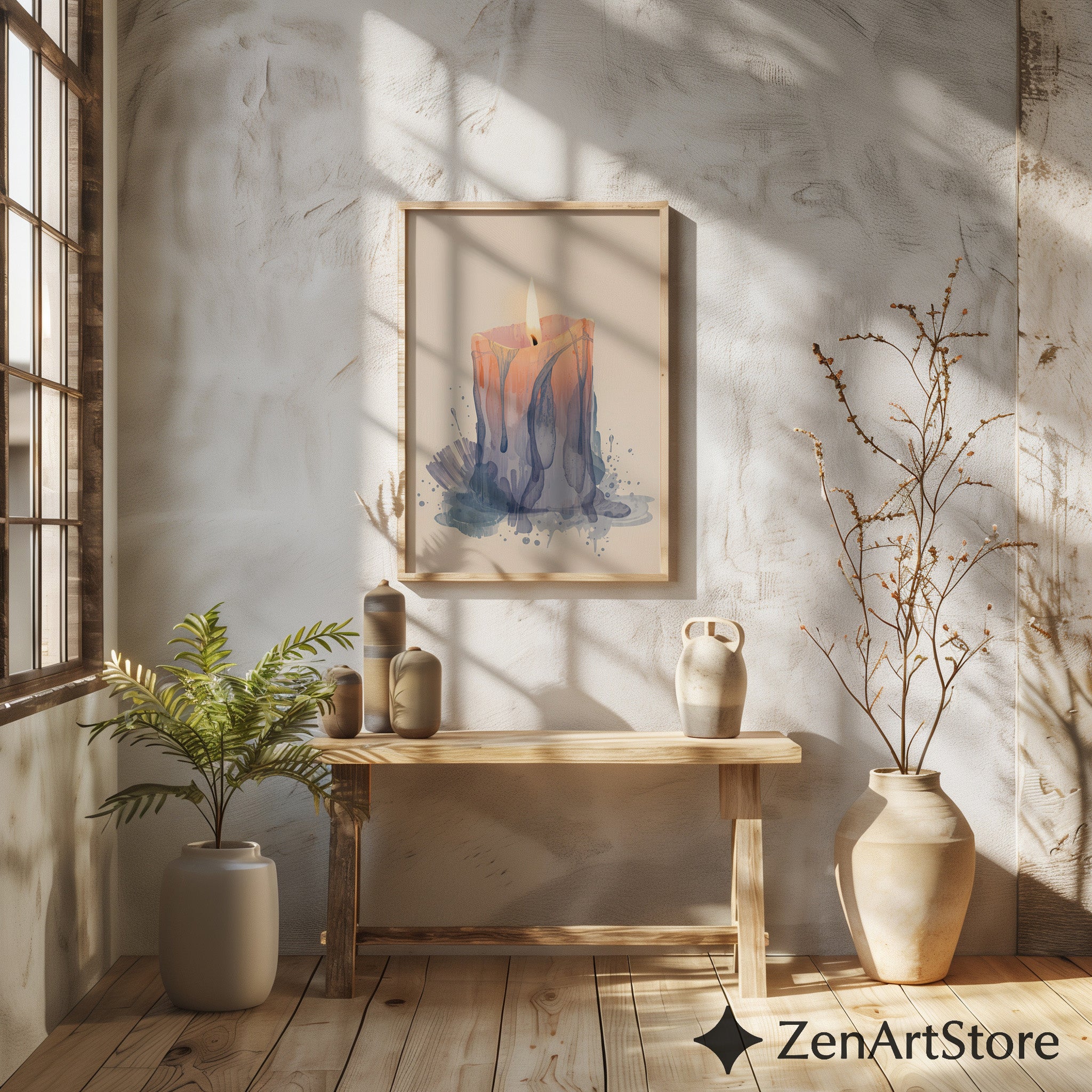 Melting Candle Minimal Art Print - Wabi Sabi Japandi Neutral Wall Decor, Beige Blue Abstract Candle Painting
