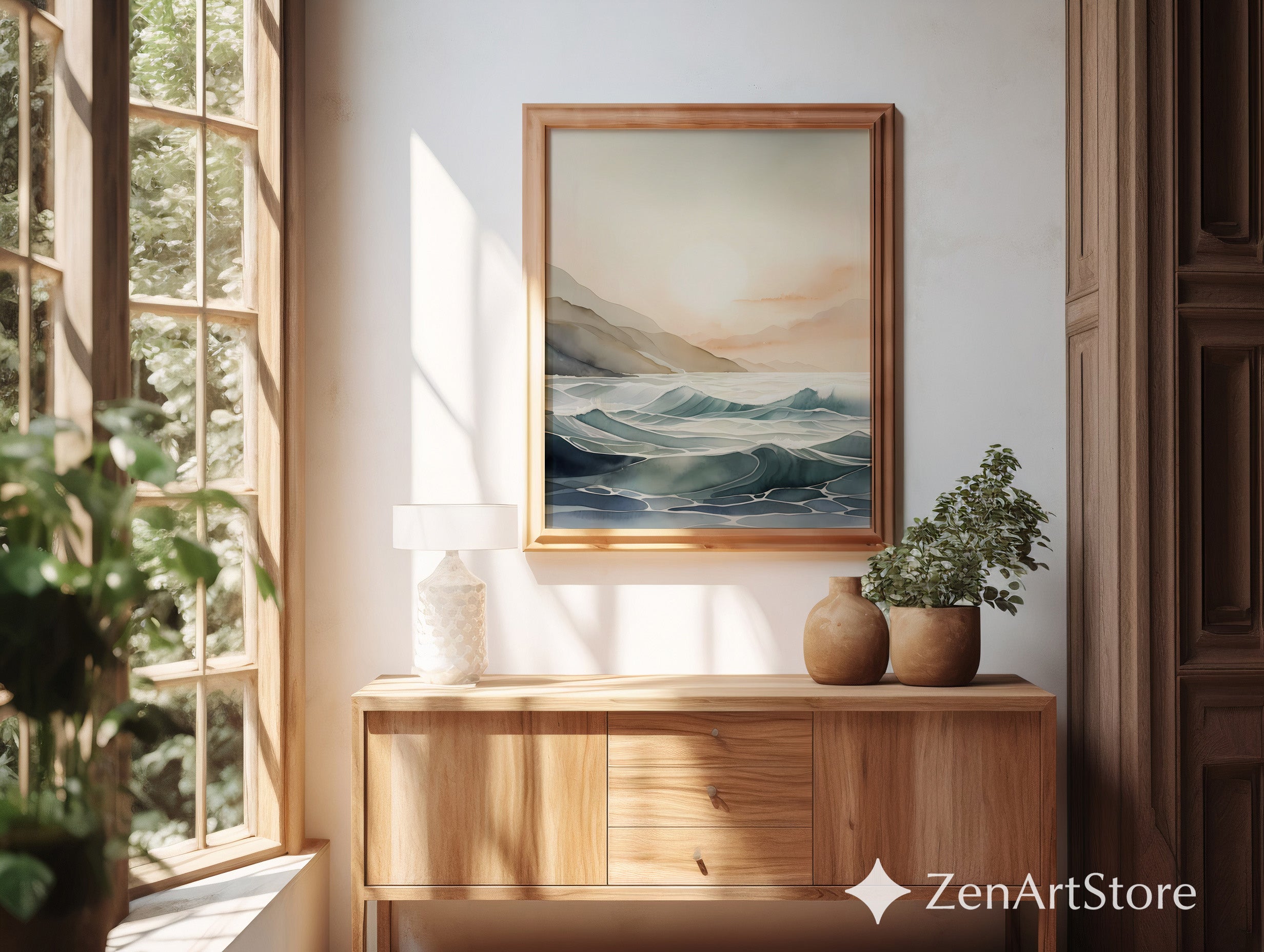 Calm Coastal Sunrise Seascape - Minimal Japandi Ocean Wall Art, Neutral Beige & Blue Landscape Print for Living Room