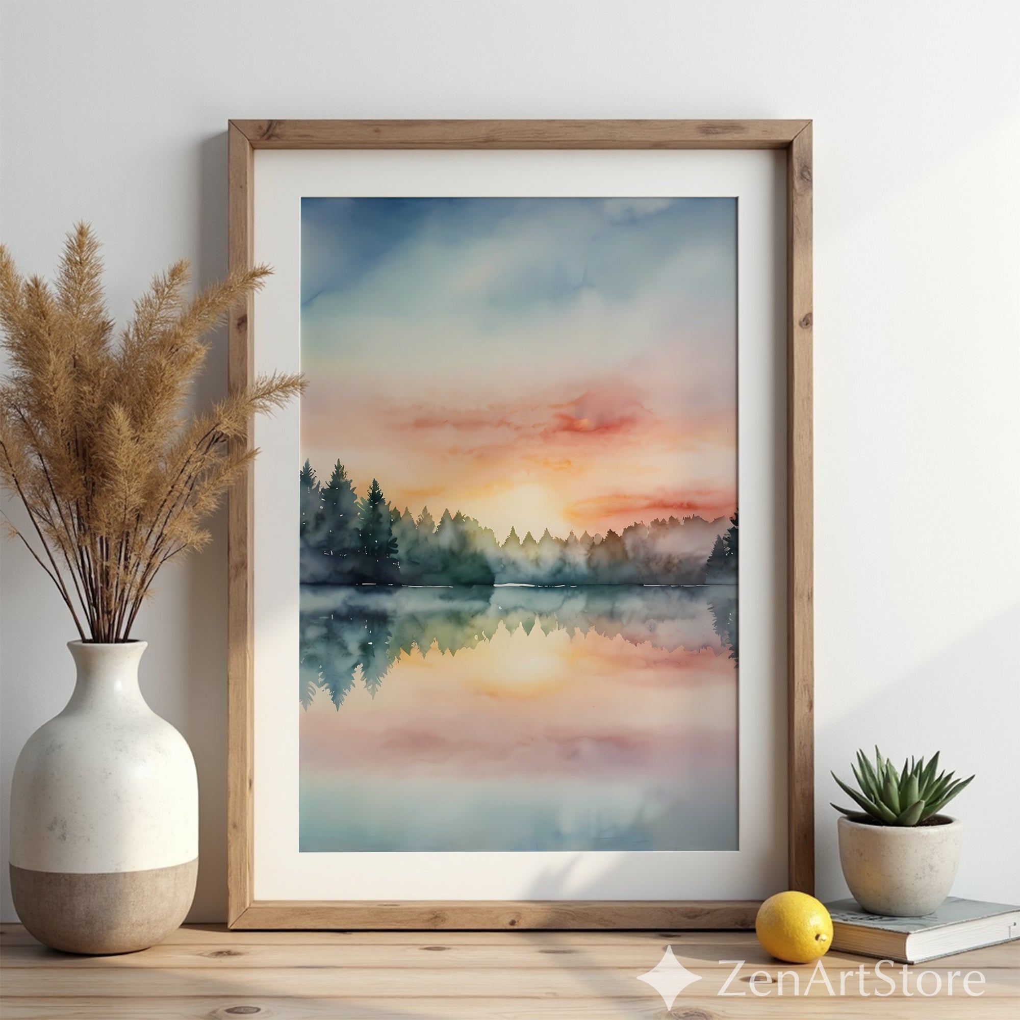 Serene Forest Lake Watercolor Sunset Print - Pastel Landscape Wall Art for Living Room & Bedroom, Japandi Minimal Decor