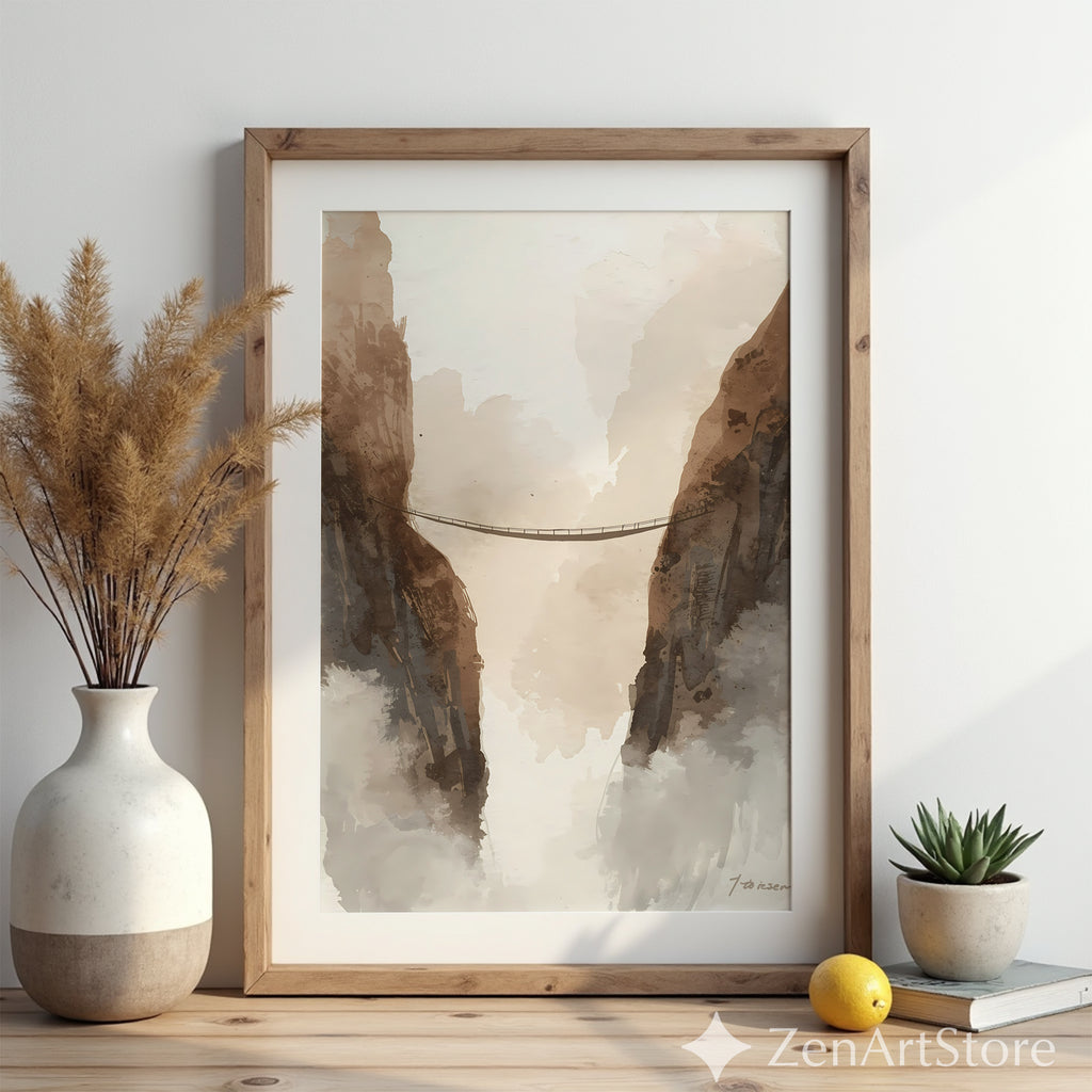 Neutral Mountain Bridge Watercolor Print – Minimal Japandi Wabi Sabi Wall Art for Living Room