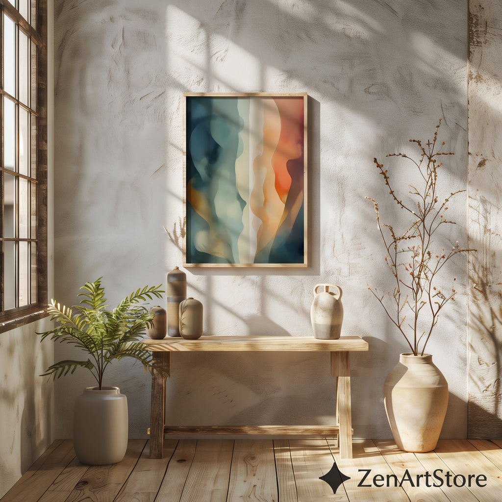Abstract Fluid Wall Art Print - Calm Teal, Beige & Orange Minimalist Modern Home Decor, Japandi Wabi Sabi