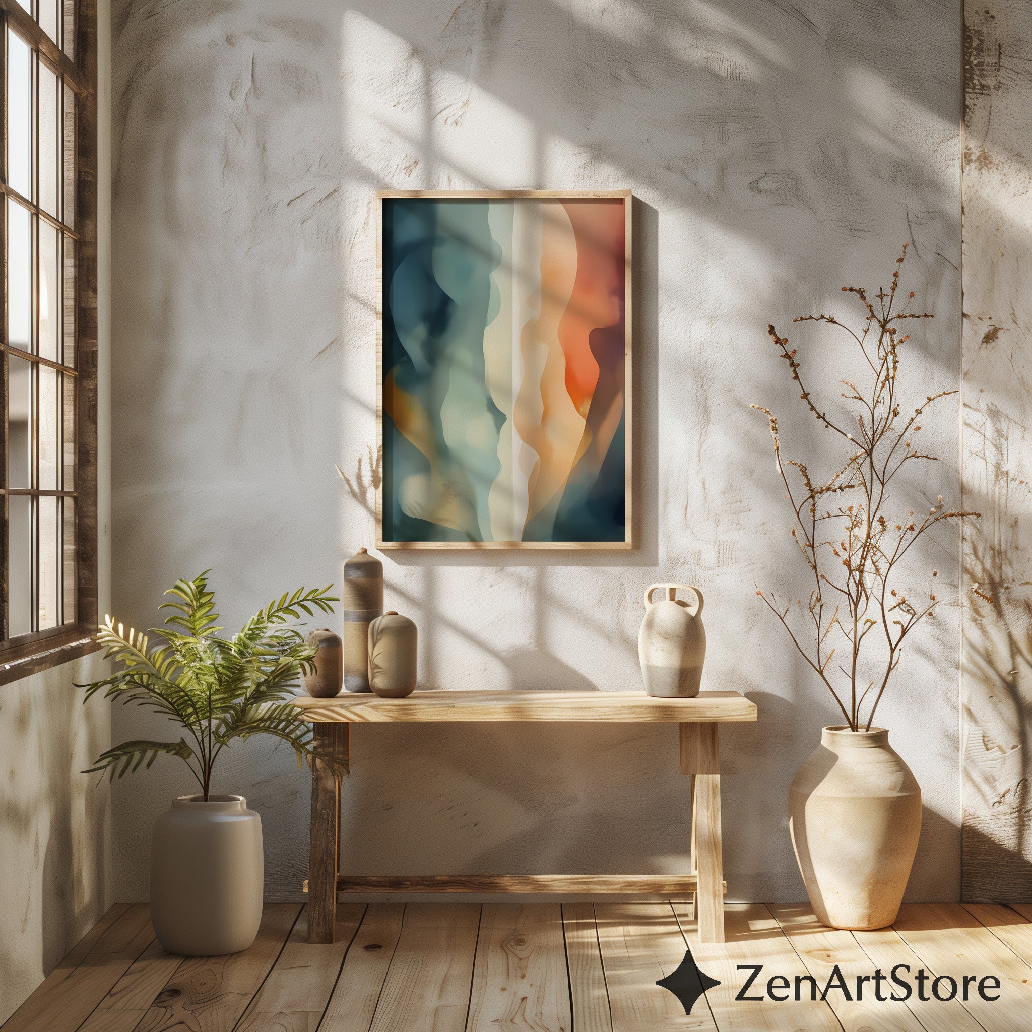 Abstract Fluid Wall Art Print - Calm Teal, Beige & Orange Minimalist Modern Home Decor, Japandi Wabi Sabi