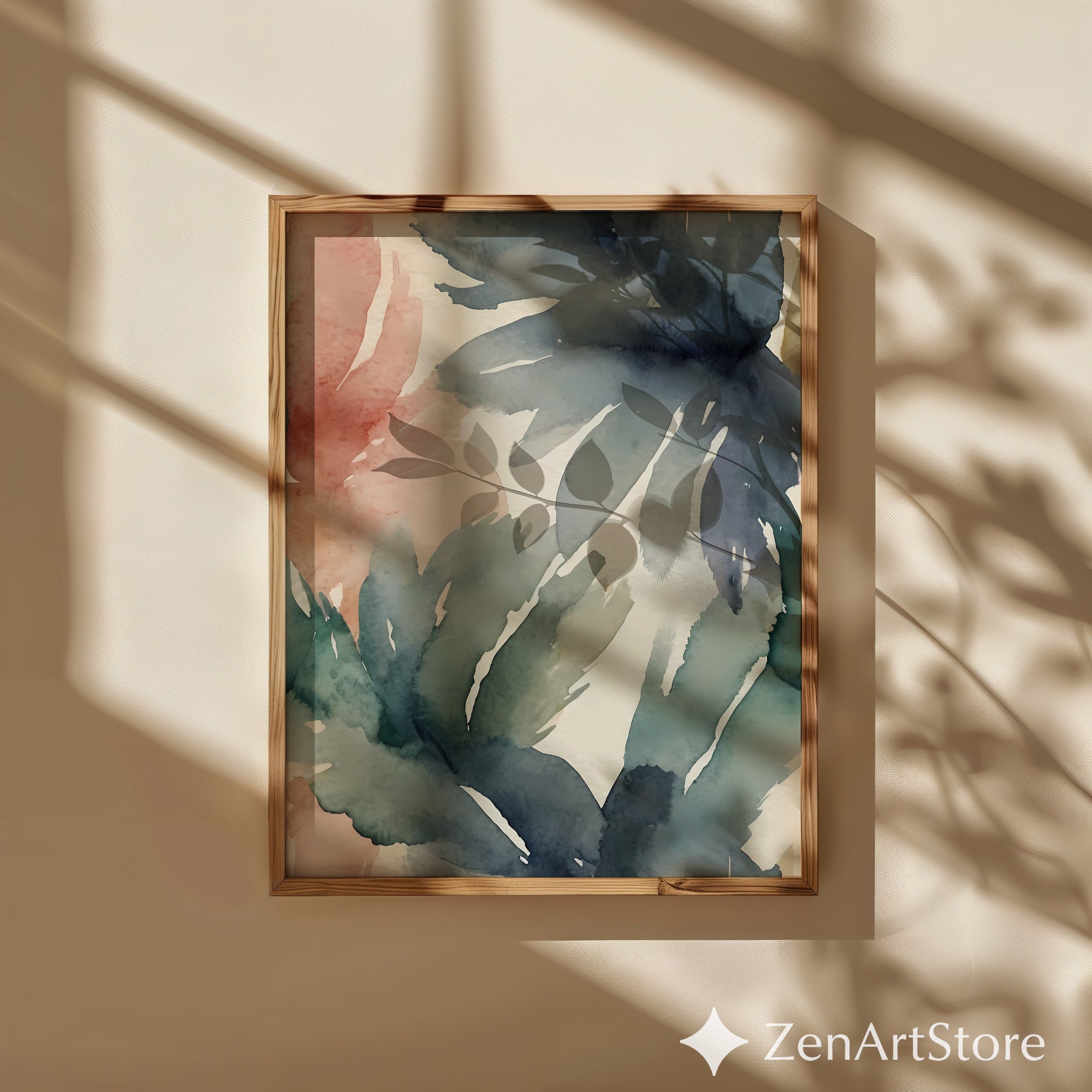 Muted Watercolor Leaf Print - Abstract Botanical Wall Art in Blue Green Terracotta - Minimal Japandi Wabi Sabi Home Decor