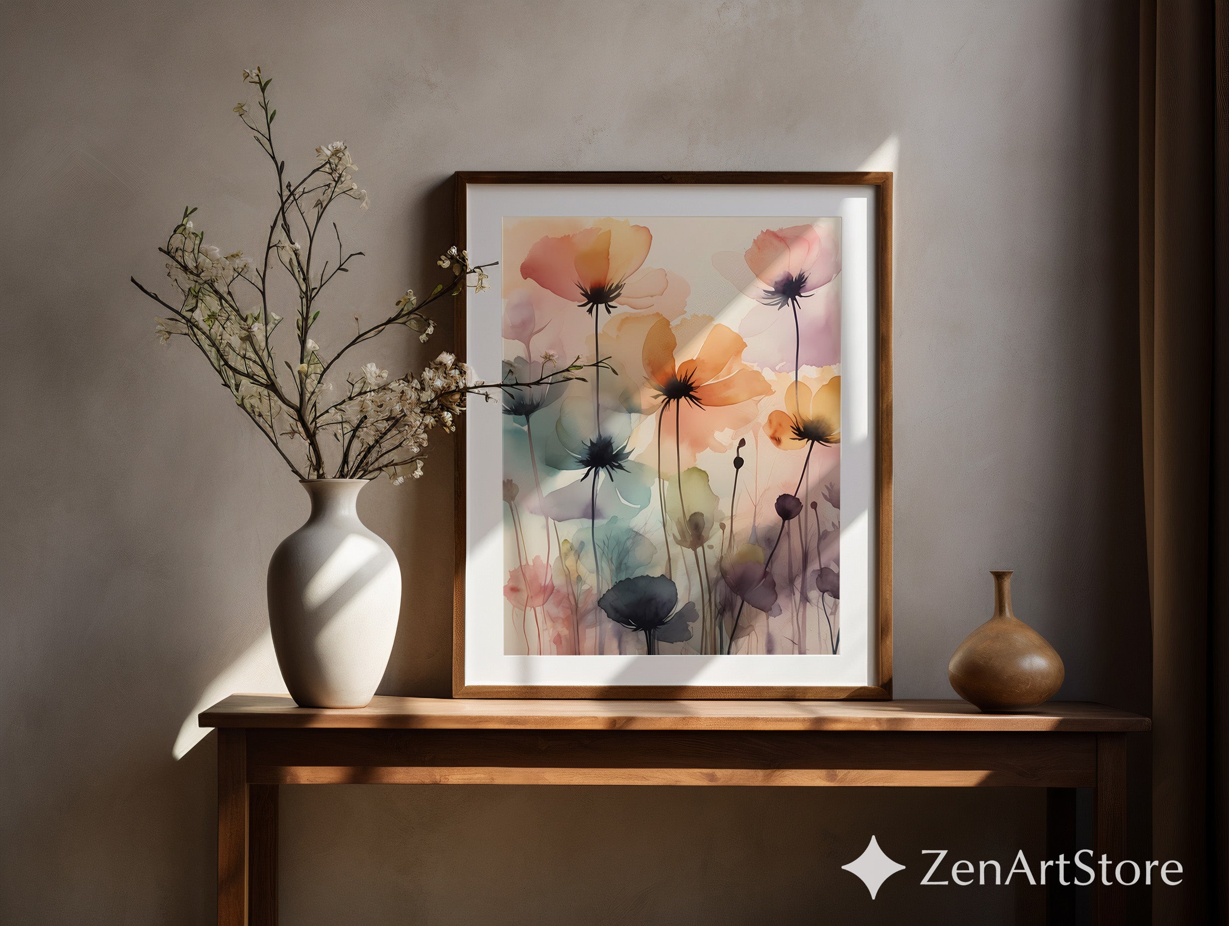 Ethereal Watercolor Poppy Wall Art Print - Soft Pastel Floral Poster for Living Room, Bedroom, Nursery, Japandi Minimal Home Decor