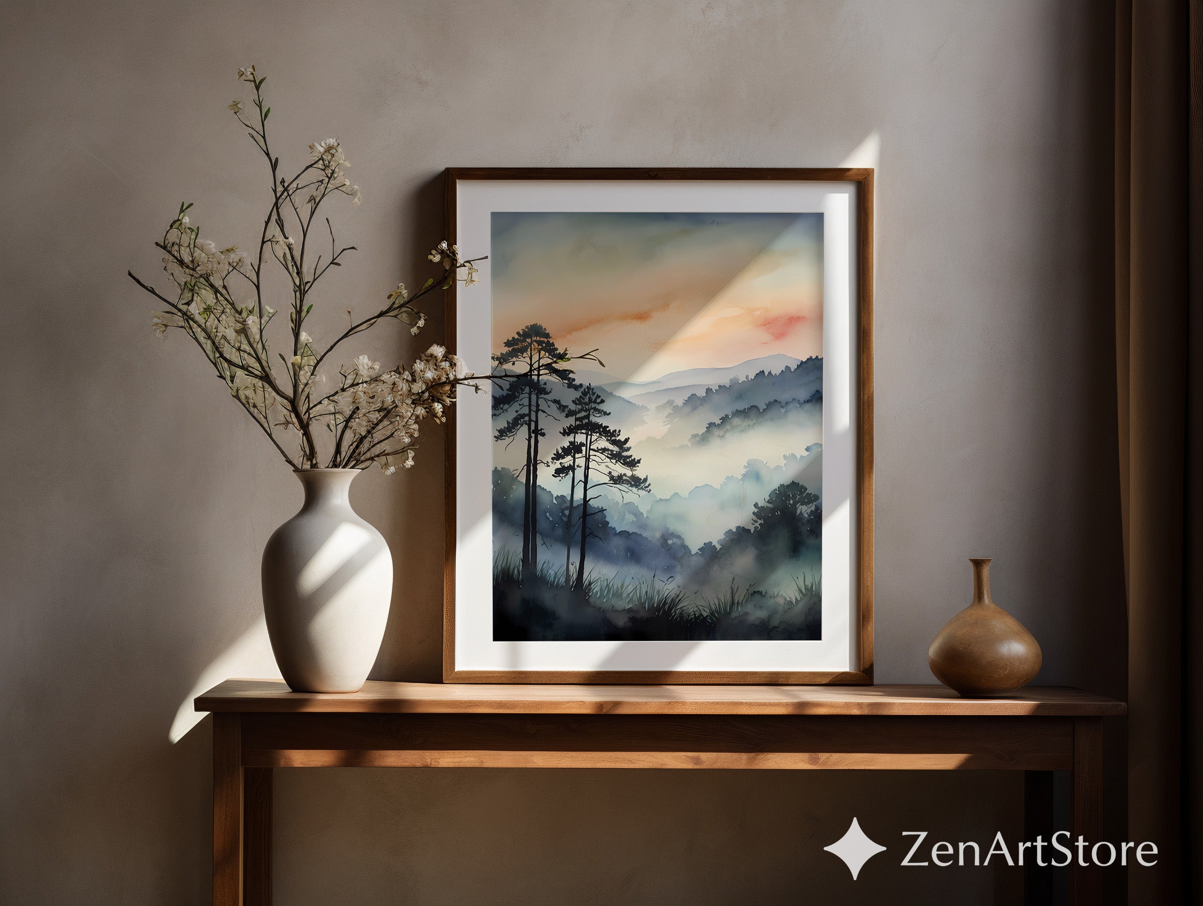 Misty Mountain Sunrise Watercolor Print | Zen Japandi Wall Art, Minimal Tree Silhouette Landscape, Neutral Home Decor Printable