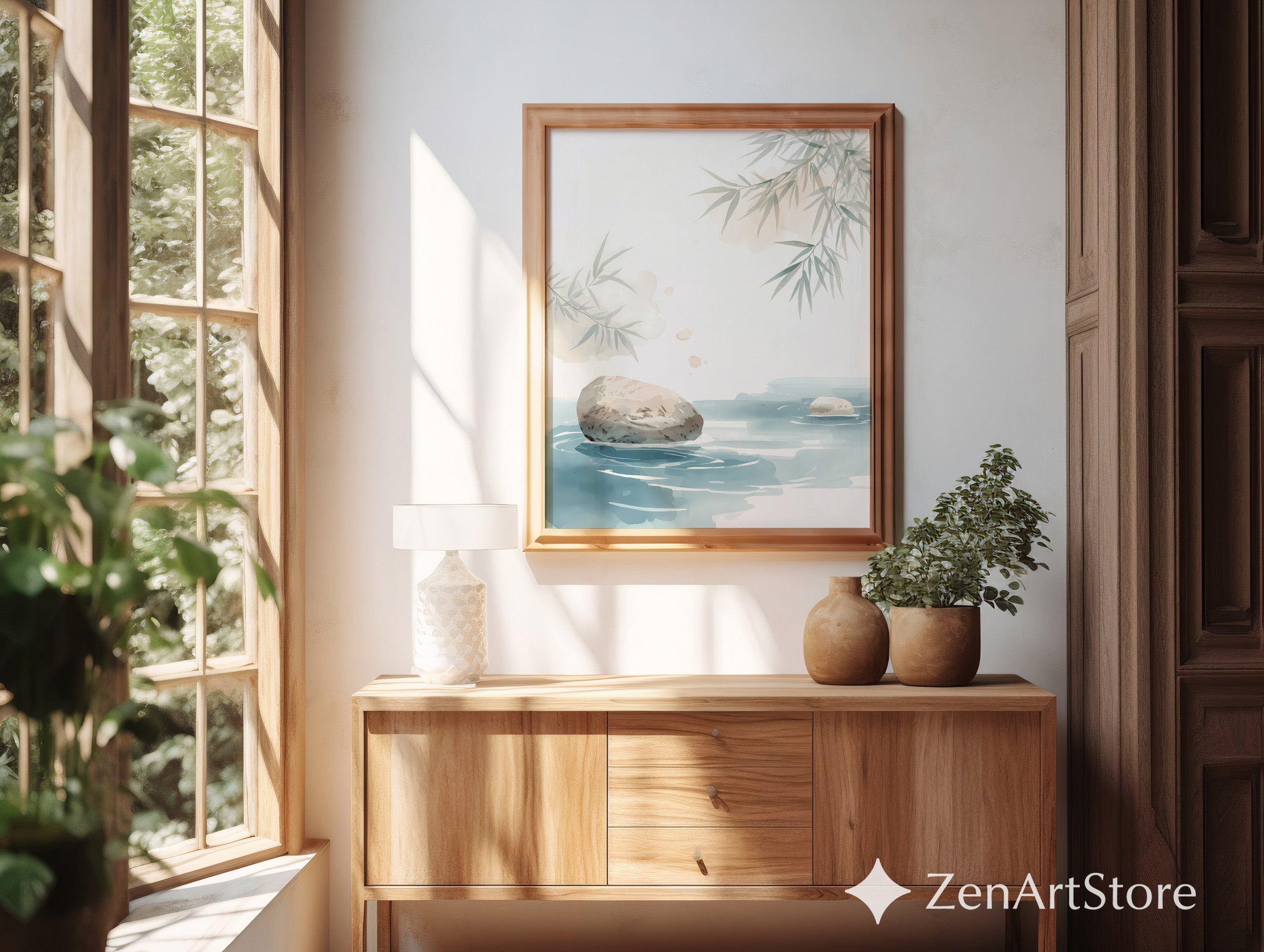 Zen Watercolor Rock and Bamboo Print - Minimal Japandi Wall Art, Neutral Calm Landscape for Living Room, Spa or Bedroom Decor