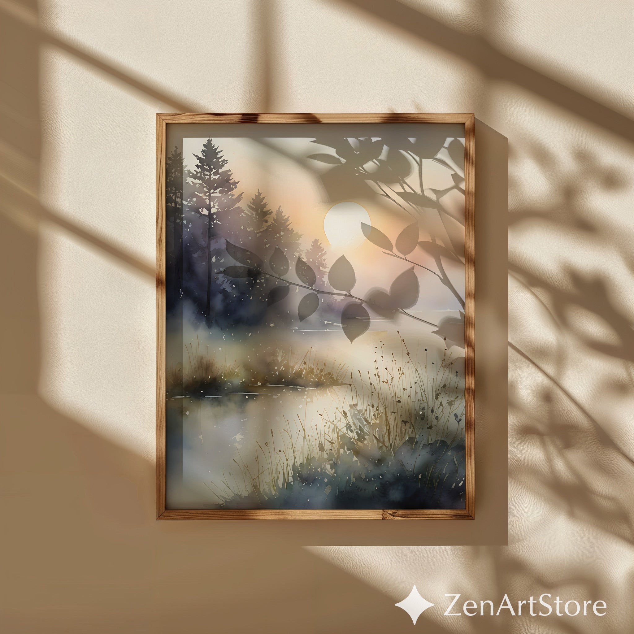 Misty Sunrise Lake Watercolor Print - Serene Scandinavian Japandi Landscape Art for Living Room & Bedroom Minimal Wall Decor