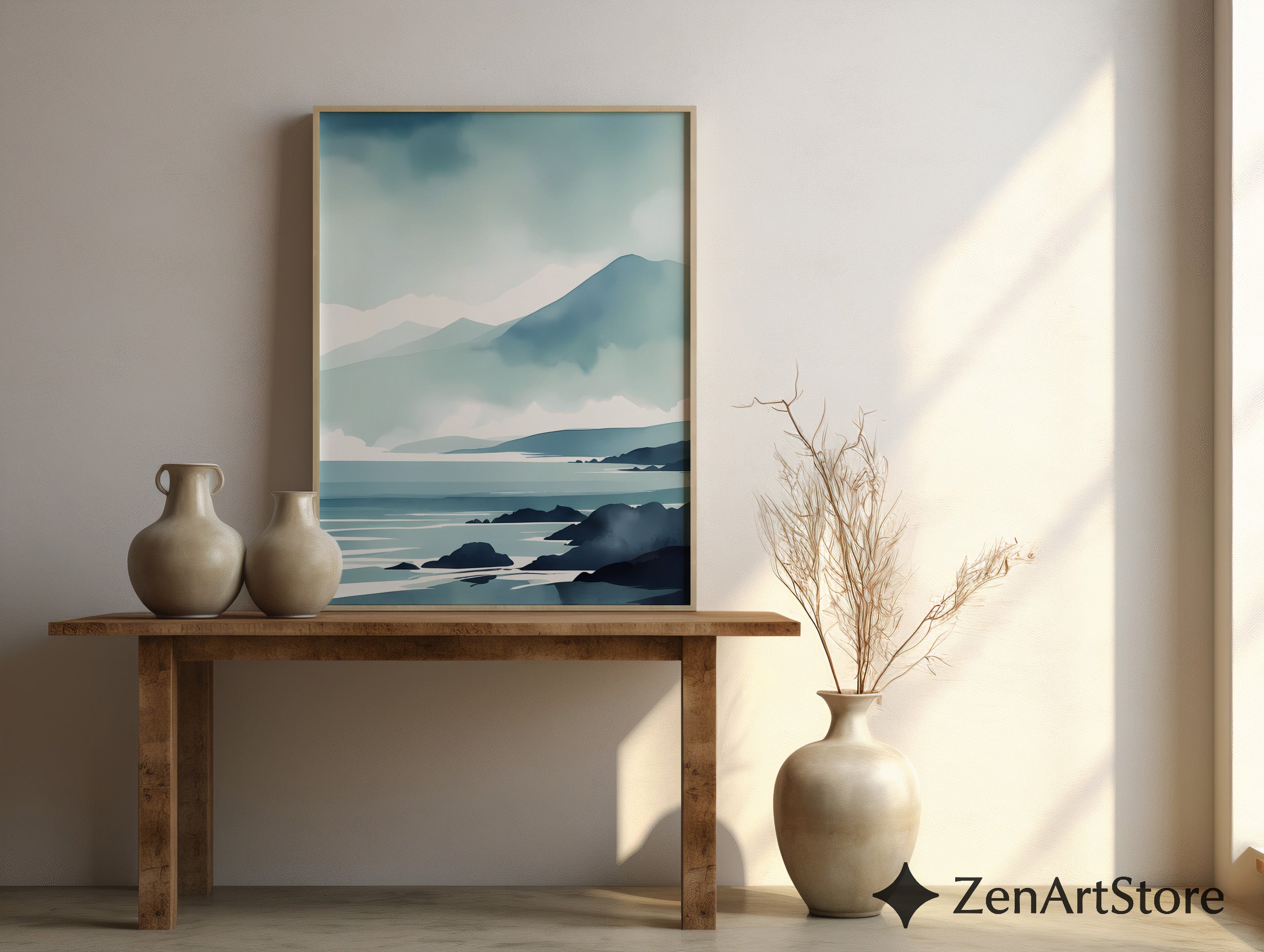 Minimal Blue Coastal Landscape Print - Serene Mountain Seascape Wall Art for Japandi & Scandinavian Homes