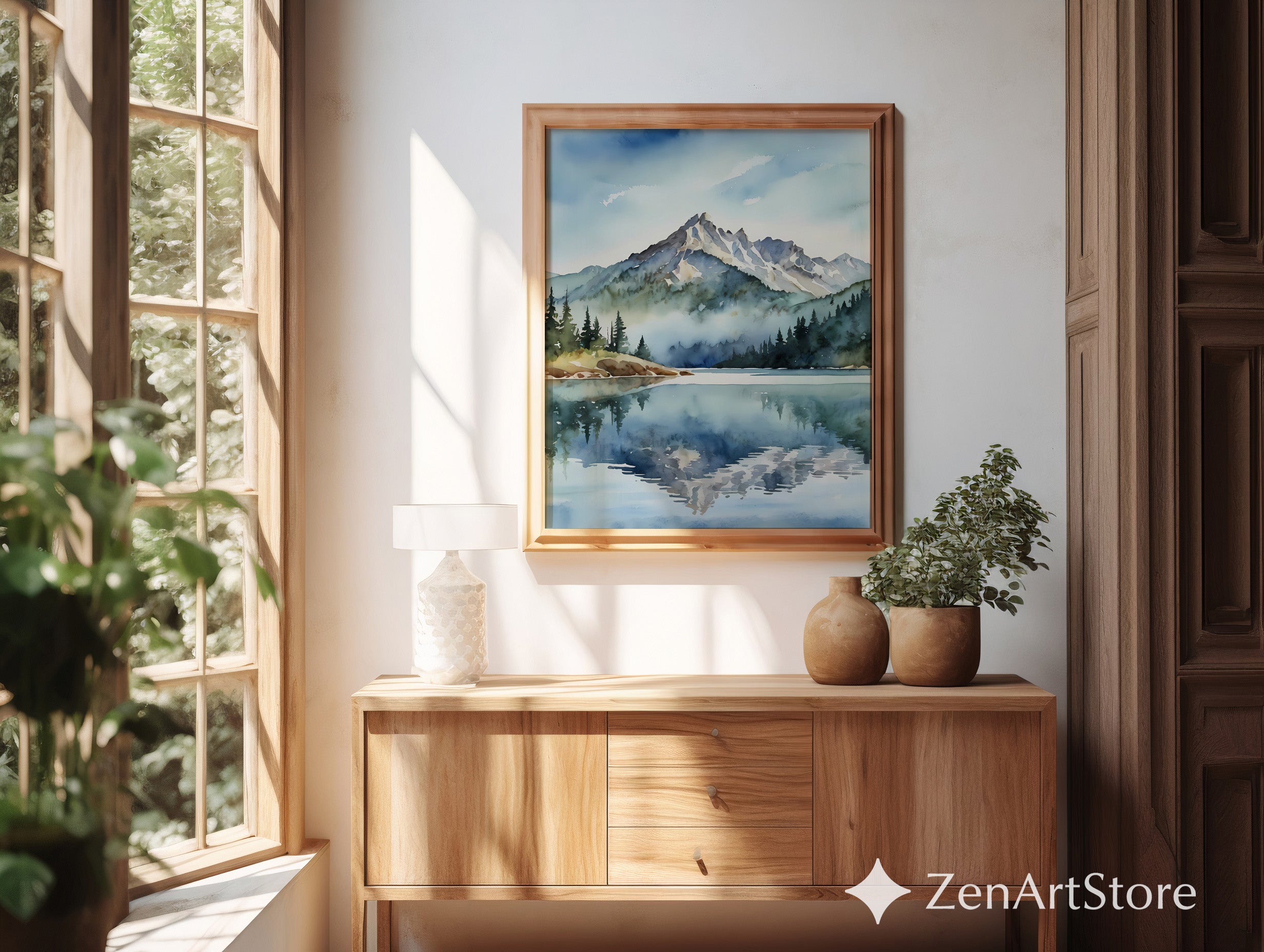 Mountain Watercolor Print Lake Reflection Wall Art - Calm Japandi Scandinavian Landscape for Living Room & Bedroom