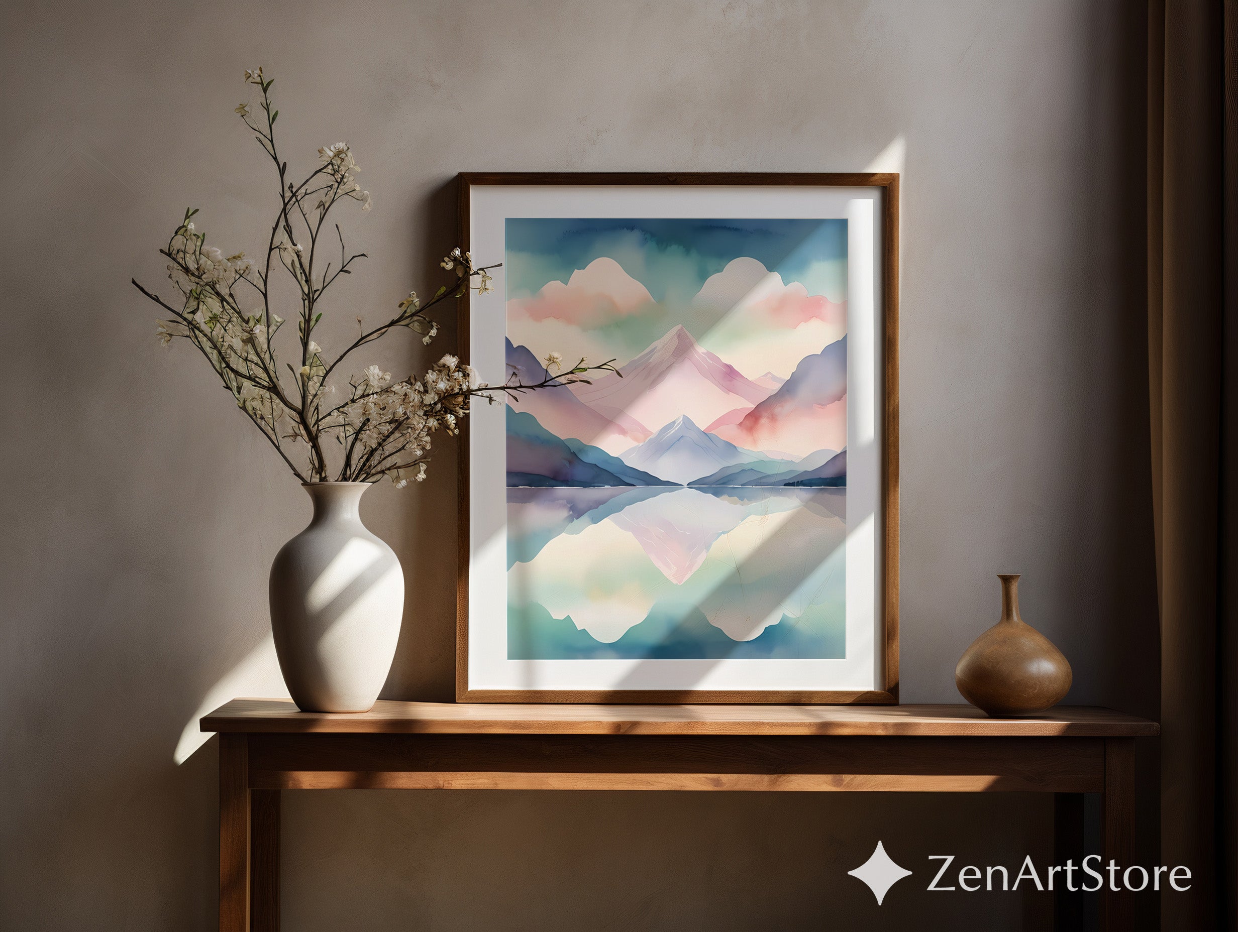 Pastel Mountain Reflection Watercolor Print - Serene Landscape Wall Art for Living Room, Bedroom & Nursery - Japandi Minimal Home Decor