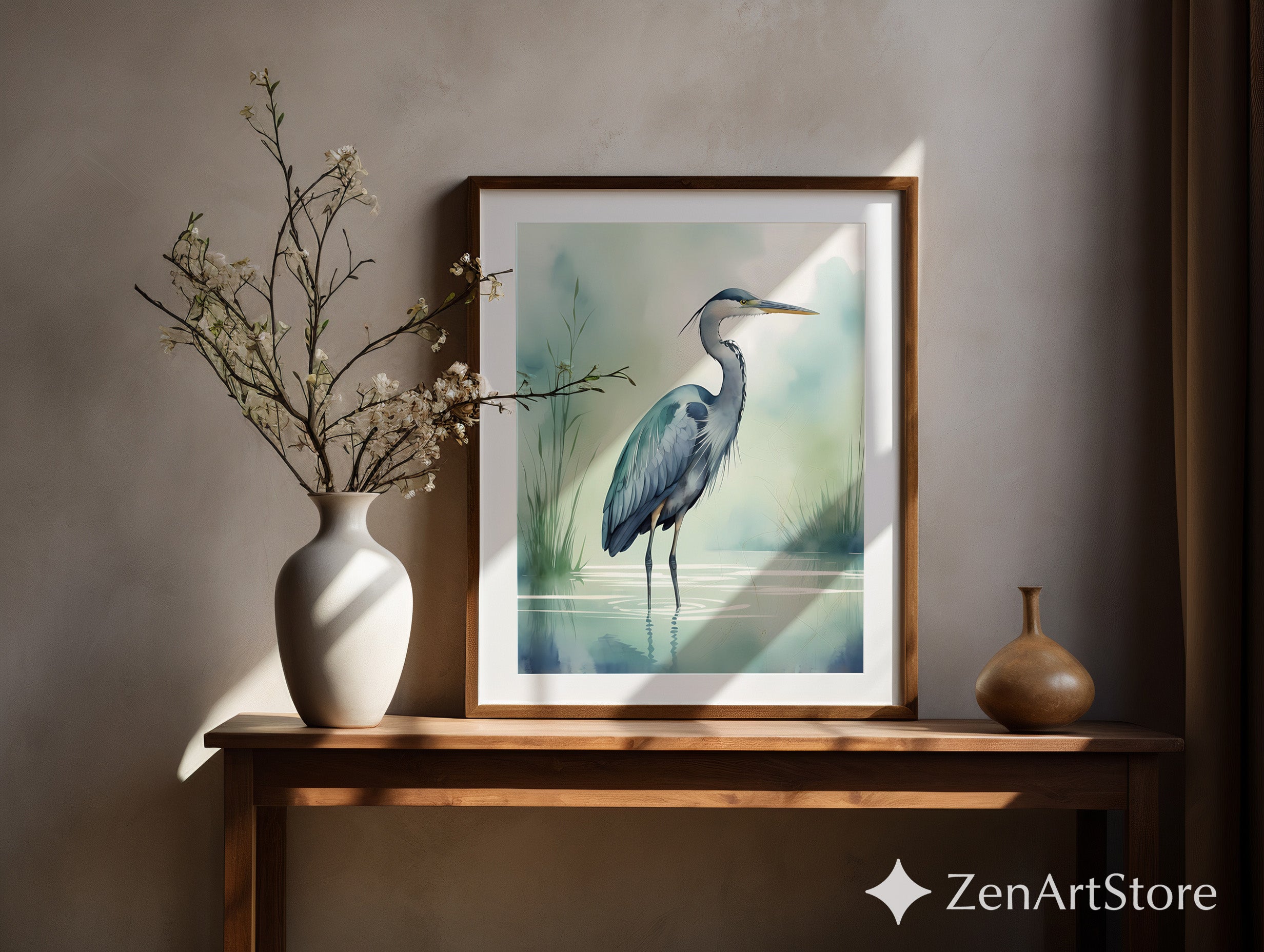 Tranquil Heron Wall Art - Minimal Blue Heron Print, Zen Coastal Nursery Decor, Japandi Nature Wall Decor