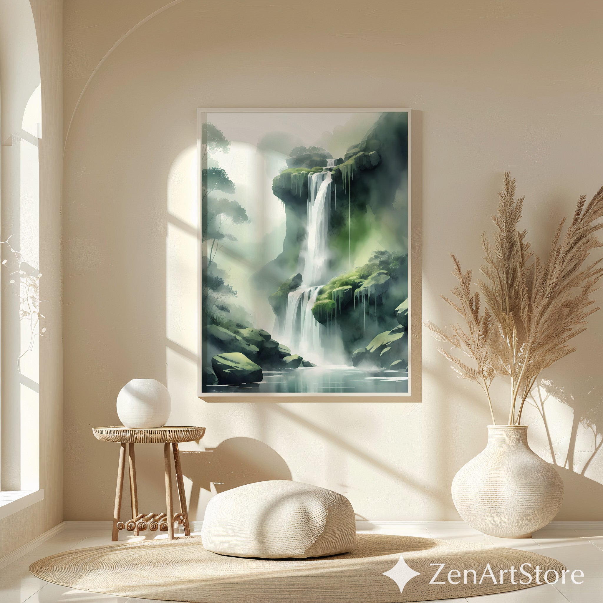 Misty Waterfall Wall Art Print – Zen Green Landscape for Living Room, Japandi Minimalist Nature Canvas