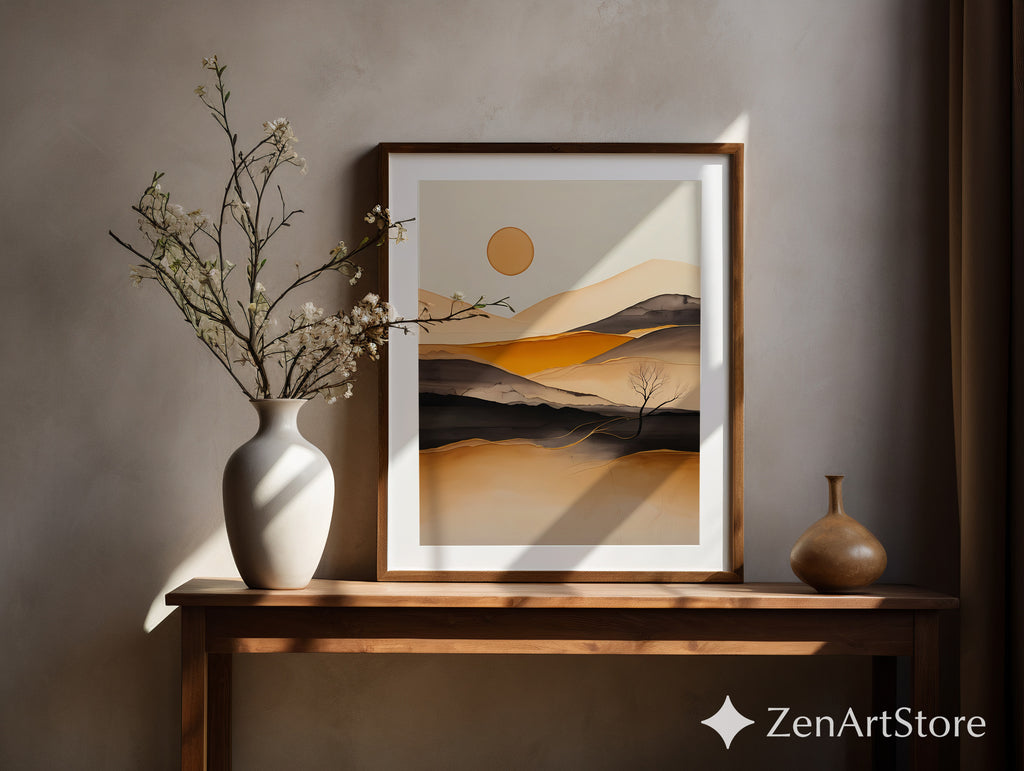 Minimal Abstract Desert Landscape Print - Warm Beige Ochre Modern Wall Art for Living Room, Japandi Scandi Canvas or Digital Download