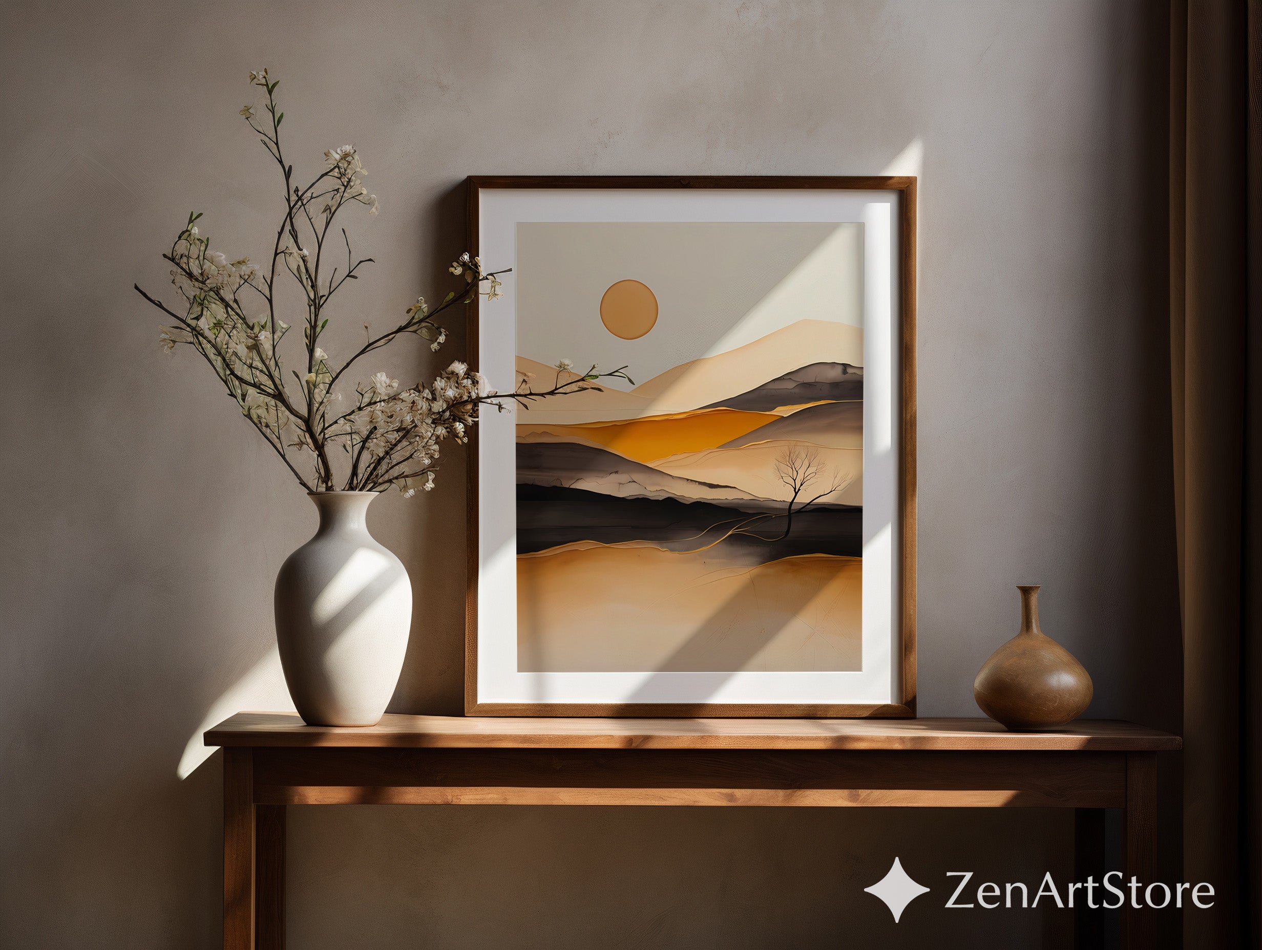 Minimal Abstract Desert Landscape Print - Warm Beige Ochre Modern Wall Art for Living Room, Japandi Scandi Canvas or Digital Download