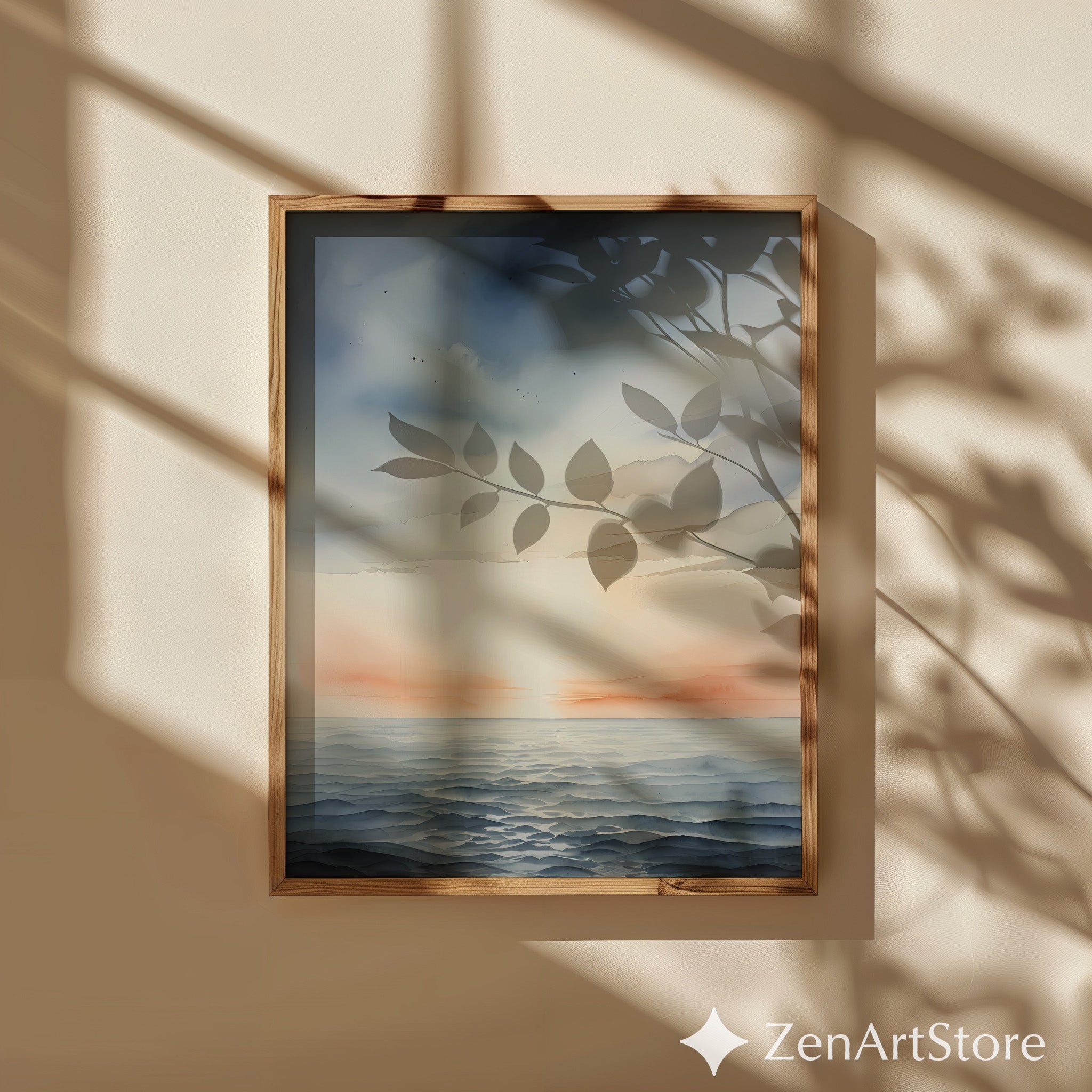 Minimal Seascape Wall Art Calm Ocean Sunset Watercolor Print Neutral Coastal Japandi Decor