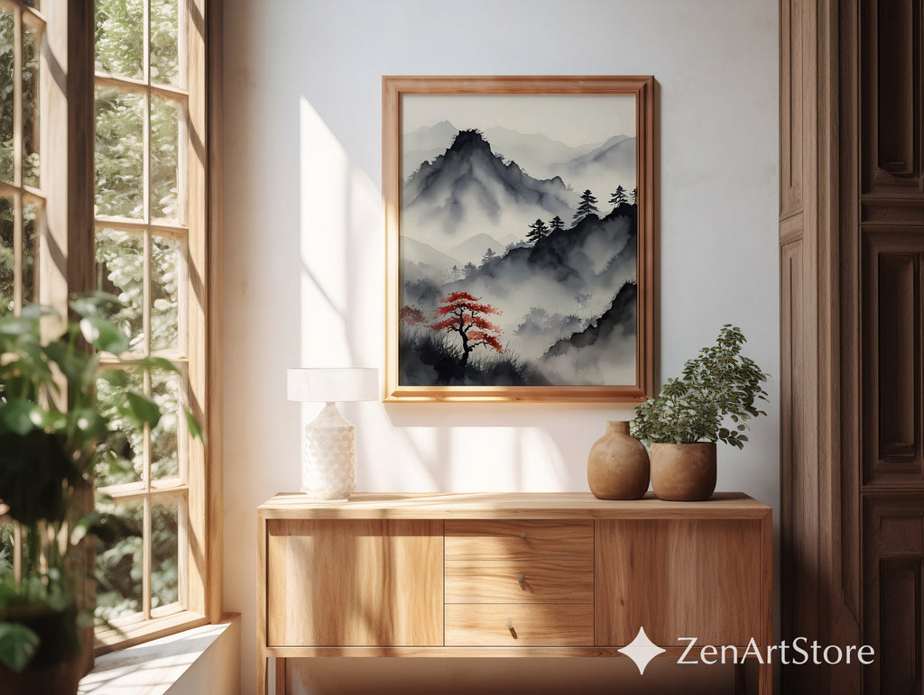 Misty Mountain Sumi-e Print with Red Maple – Zen Minimal Japandi Wall Art, Neutral Wabi-Sabi Landscape for Living Room