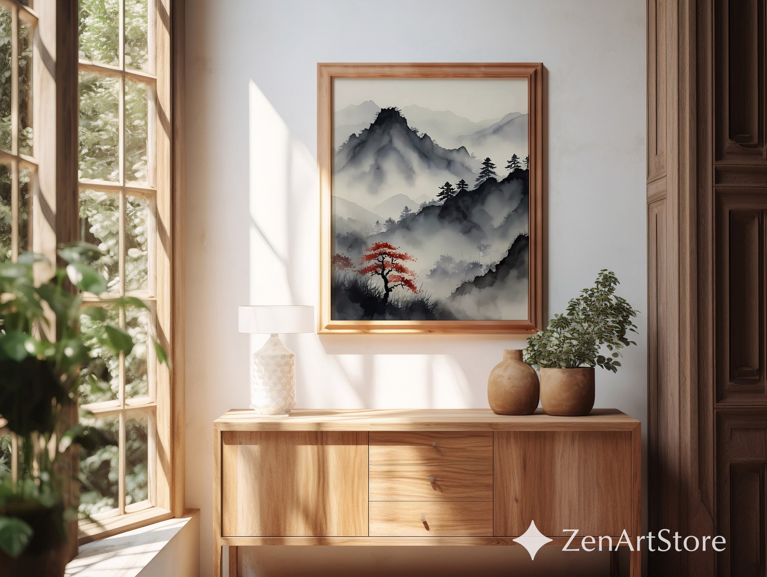 Misty Mountain Sumi-e Print with Red Maple – Zen Minimal Japandi Wall Art, Neutral Wabi-Sabi Landscape for Living Room