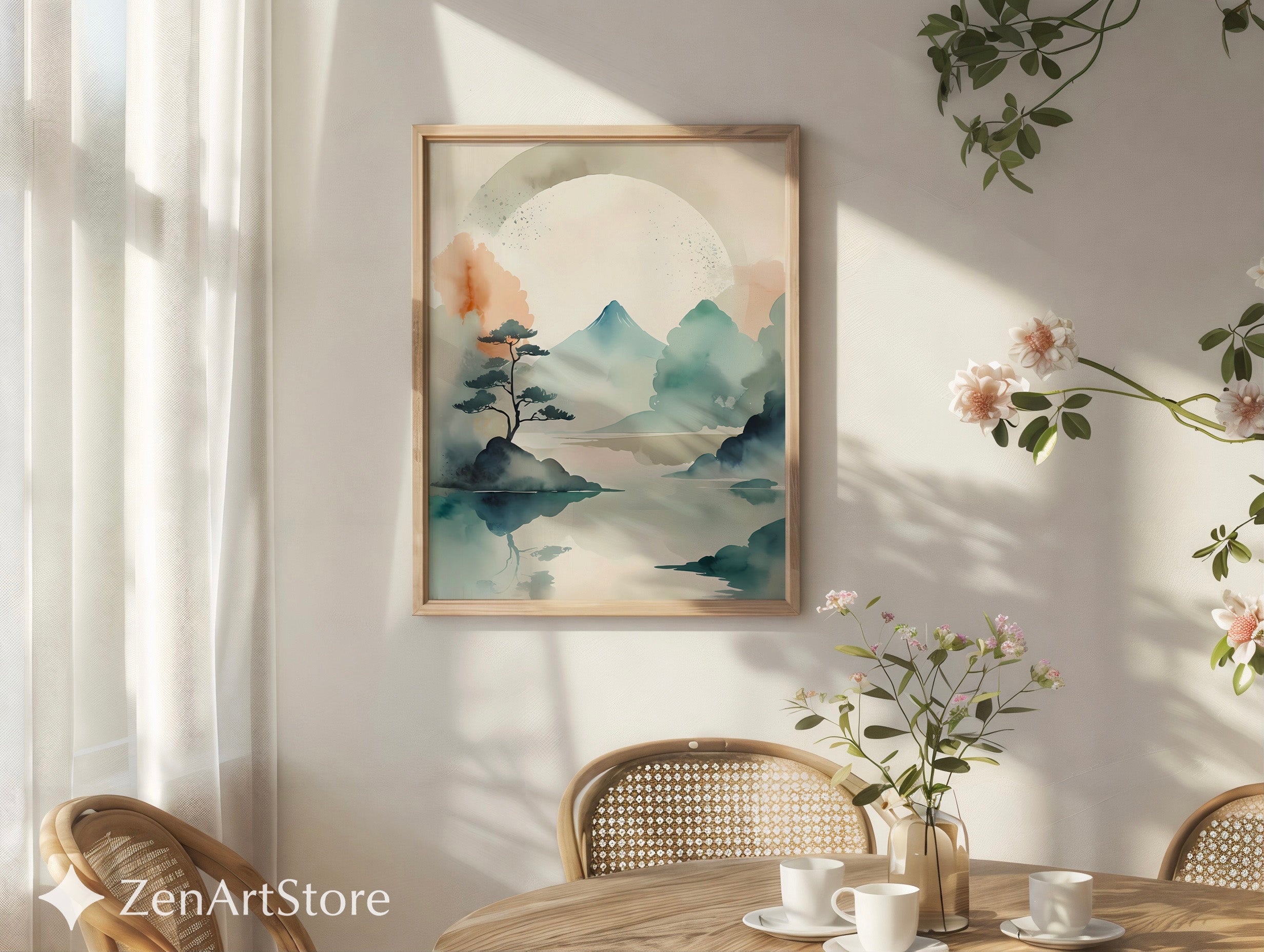 Japandi Watercolor Mountain Print - Zen Minimal Landscape Wall Art, Neutral Beige Teal Abstract for Living Room & Bedroom