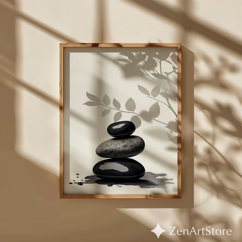 Zen Stone Stack Print - Minimal Black & Beige Spa Wall Art, Wabi Sabi Japandi Neutral Home Decor