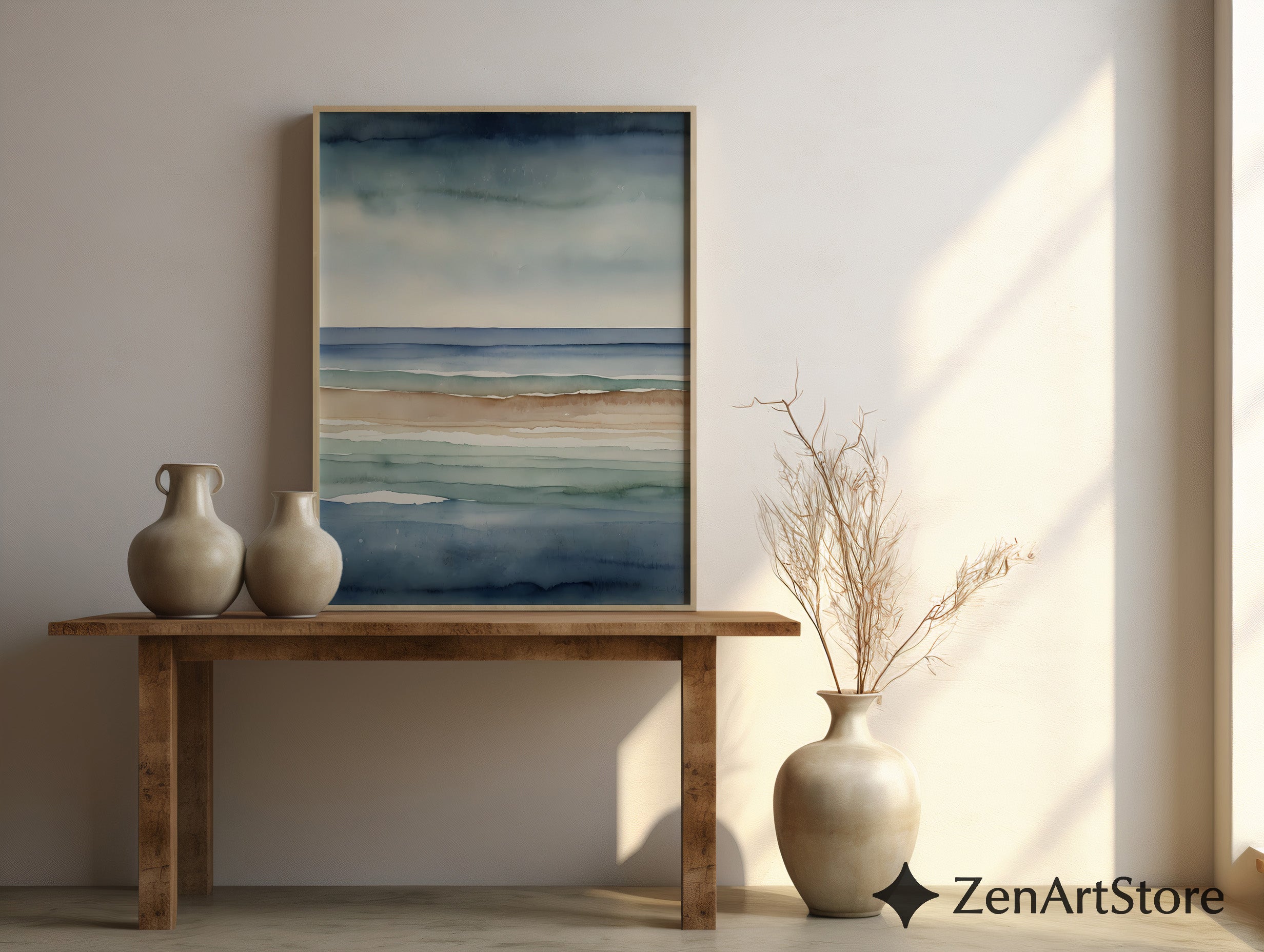 Abstract Coastal Watercolor Print Calm Blue Beige Seascape Minimal Japandi Wall Art Neutral Home Decor