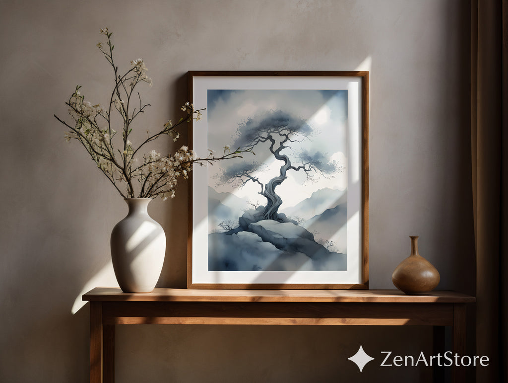 Misty Bonsai Tree Wall Art – Minimal Zen Landscape Print, Japandi Neutral Canvas or Printable for Living Room