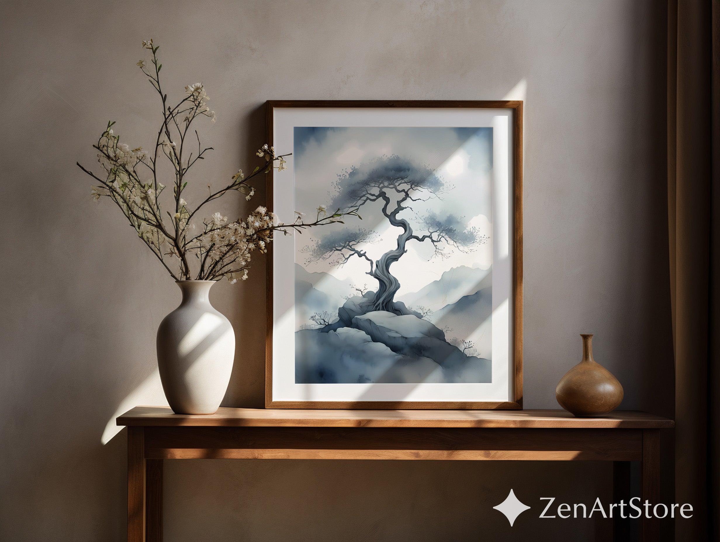 Misty Bonsai Tree Wall Art – Minimal Zen Landscape Print, Japandi Neutral Canvas or Printable for Living Room