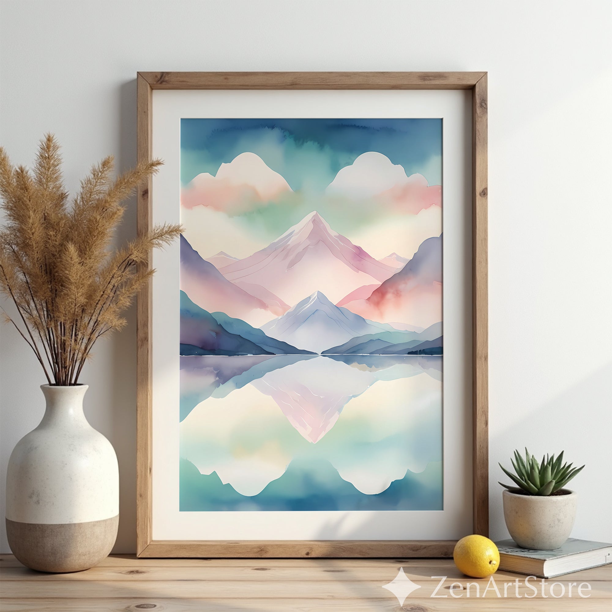 Pastel Mountain Reflection Watercolor Print - Serene Landscape Wall Art for Living Room, Bedroom & Nursery - Japandi Minimal Home Decor