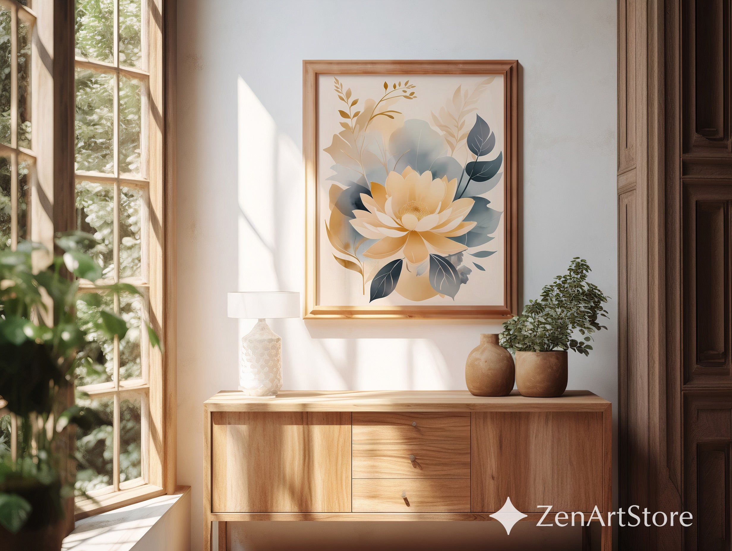 Beige Gold Floral Wall Art Print - Minimal Neutral Botanical Decor for Japandi, Scandinavian Living Room & Bedroom