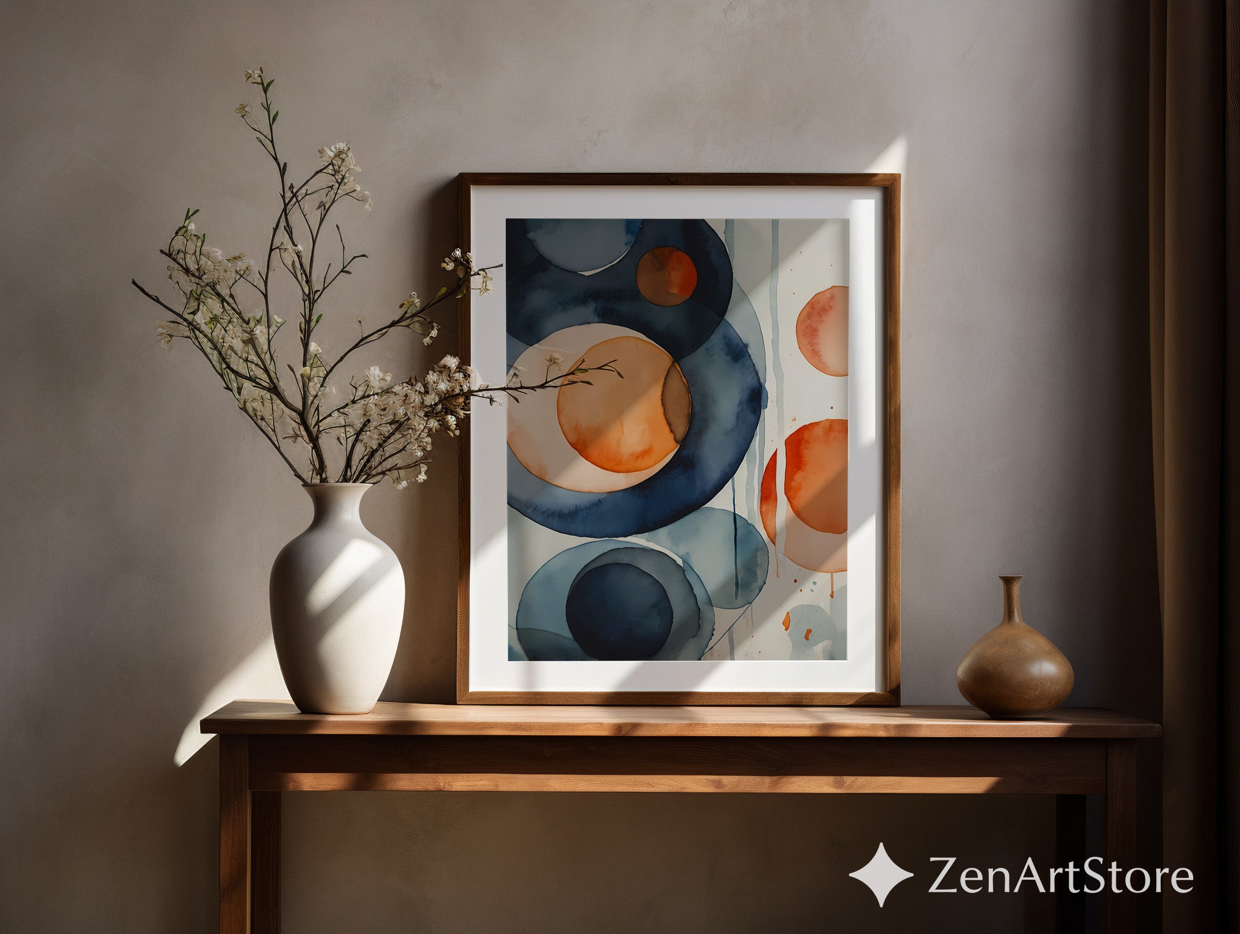 Abstract Watercolor Circles Wall Art Navy & Terracotta Modern Minimal Minimalist Print for Living Room Japandi Boho Decor