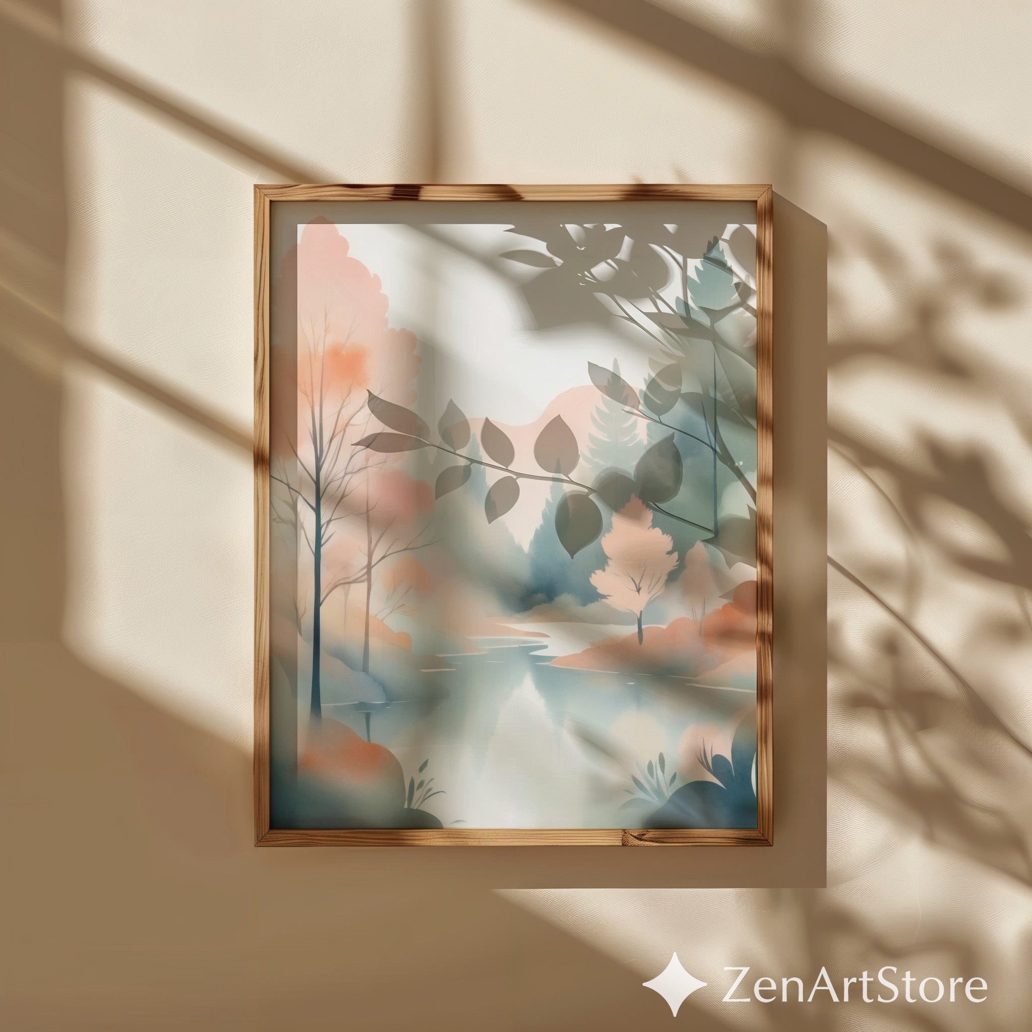 Misty Pastel Lake Watercolor Print - Minimal Japandi Landscape Wall Art for Calm Neutral Home Decor