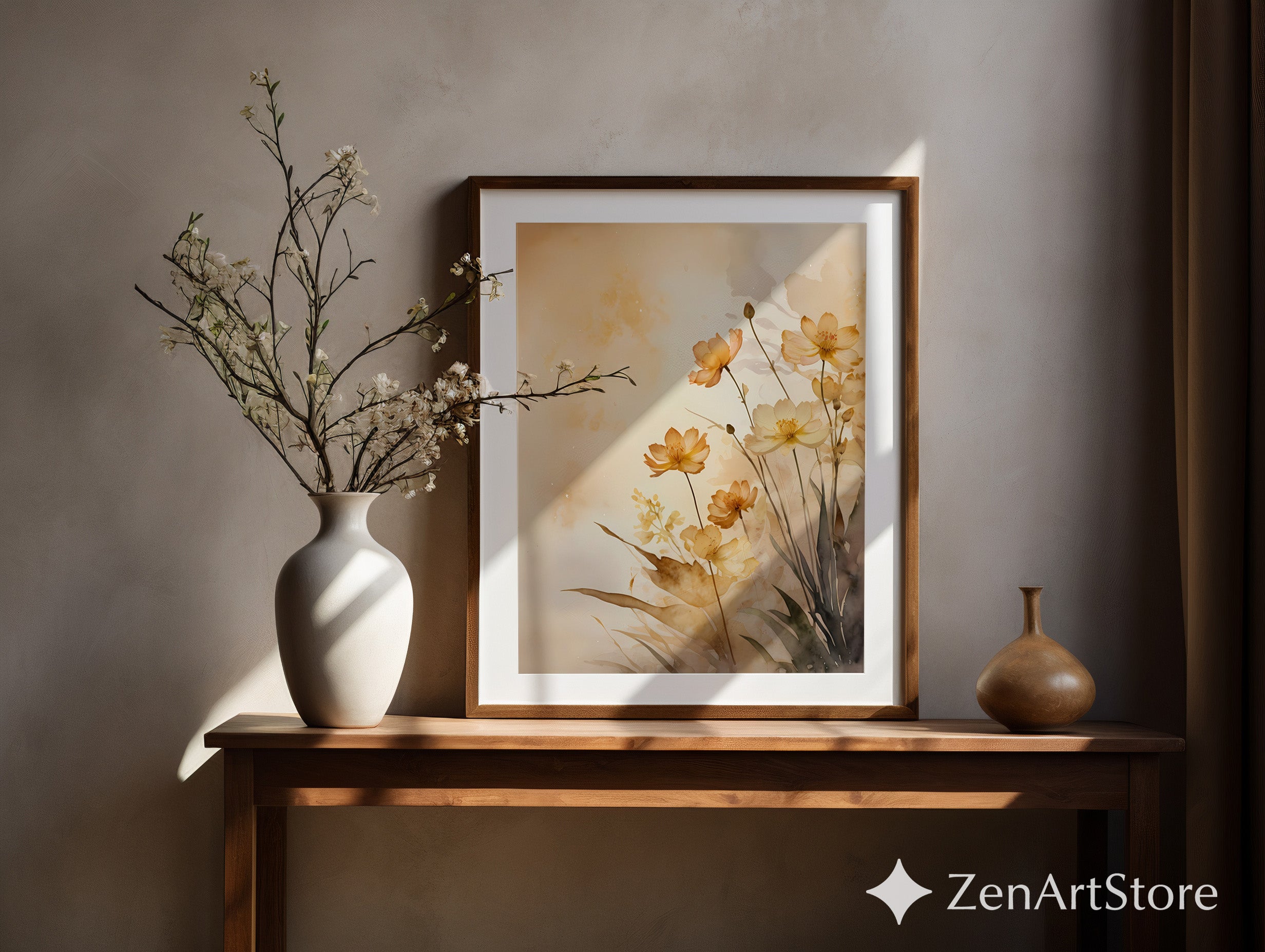 Beige Floral Watercolor Art Print • Neutral Botanical Wall Decor • Minimal Japandi Wabi Sabi Flower Illustration