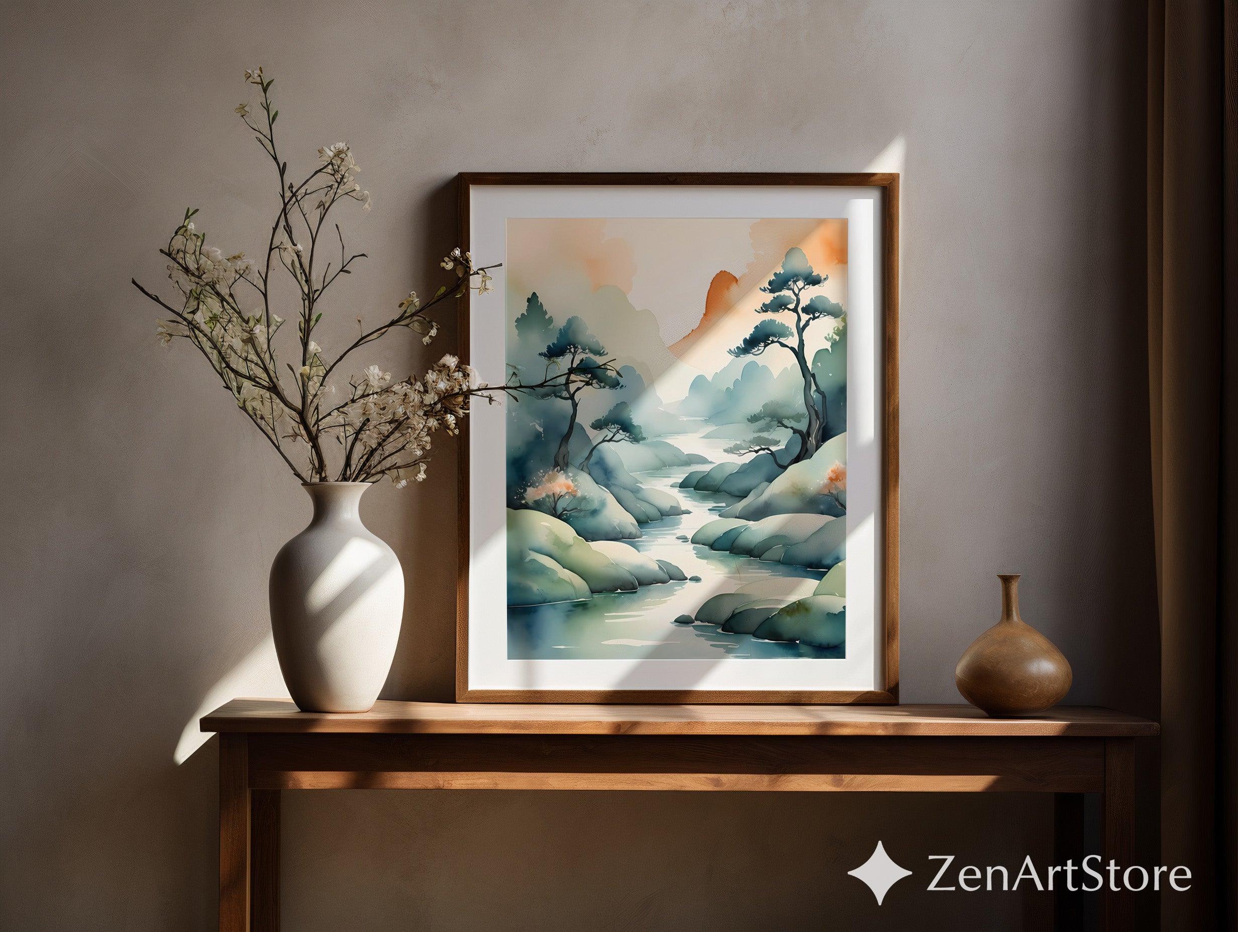 Serene Watercolor Japanese Landscape Print - Zen Japandi Minimalist Mountain River Wall Art