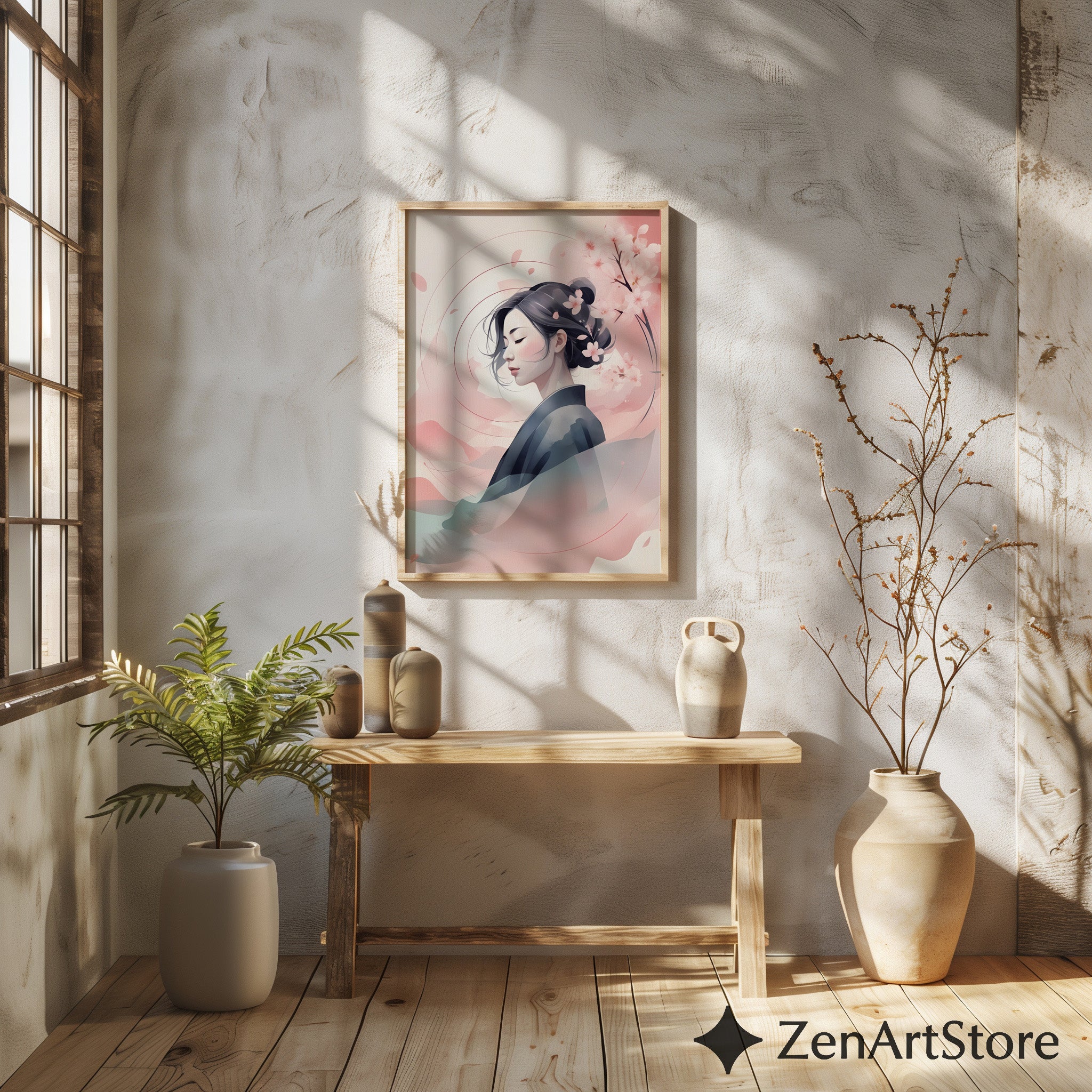 Serene Sakura Portrait Print - Japandi Minimal Cherry Blossom Wall Art, Zen Pastel Home Decor