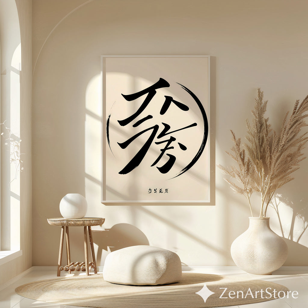Minimalist Asian Calligraphy Wall Art - Zen Black Brush Stroke on Soft Beige - Japandi Wabi Sabi Modern Poster