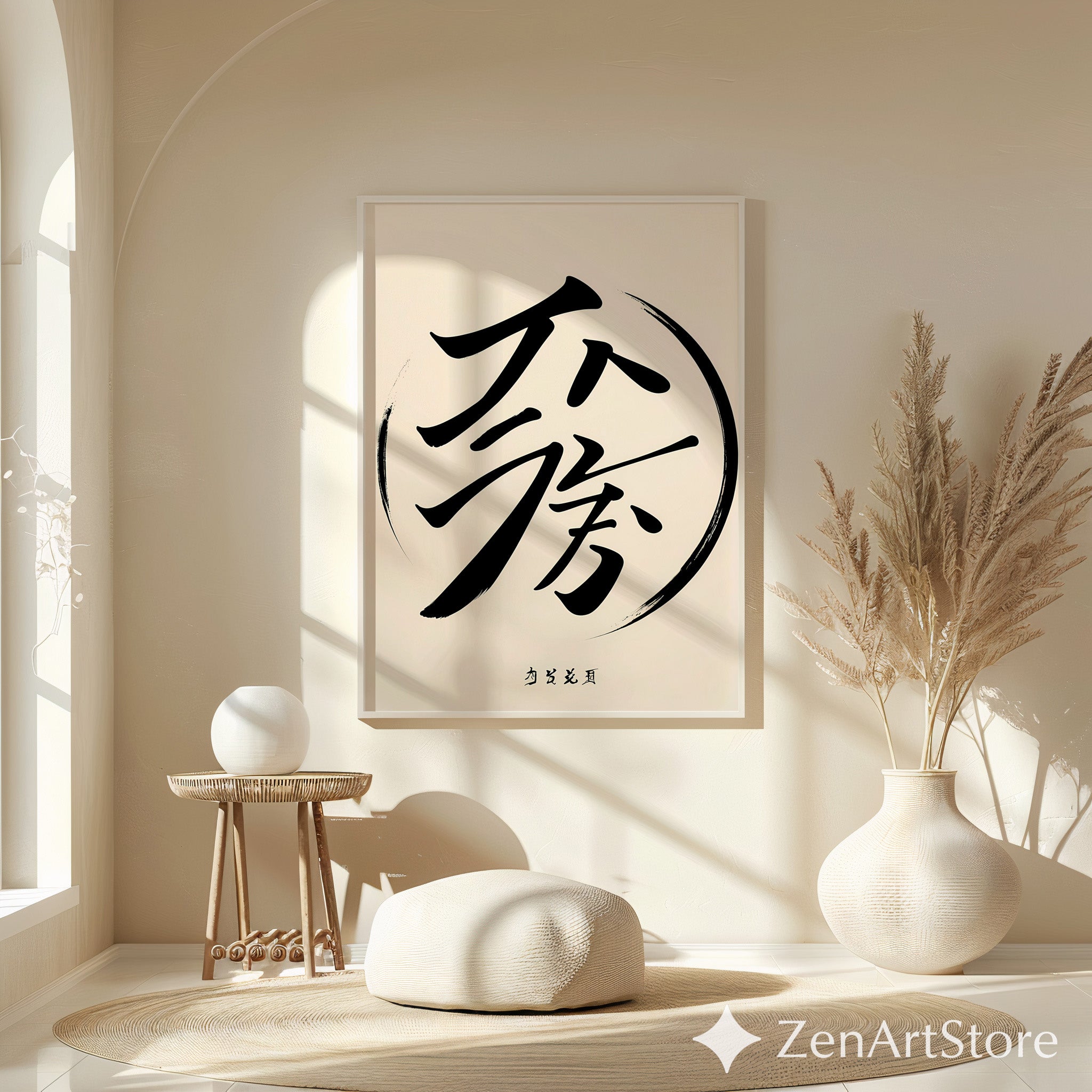 Minimalist Asian Calligraphy Wall Art - Zen Black Brush Stroke on Soft Beige - Japandi Wabi Sabi Modern Poster
