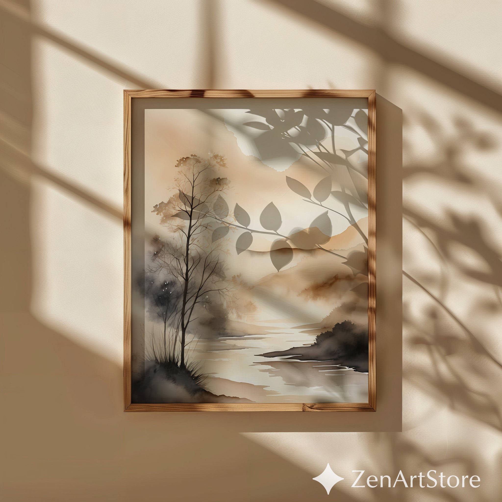Neutral Watercolor Landscape Print - Minimal Japandi Mountain River Wall Art Calm Beige Wabi Sabi Home Decor