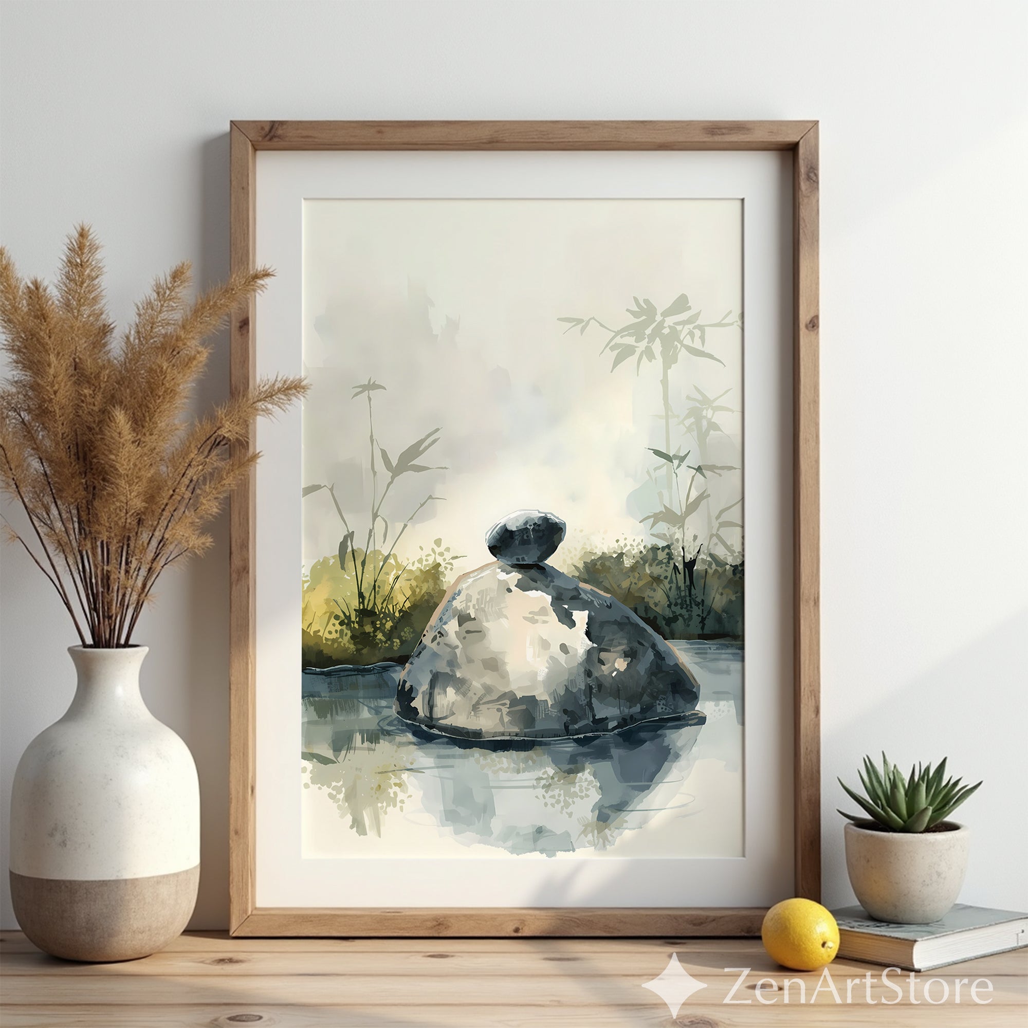 Zen Rock Watercolor Print Minimal Wabi Sabi Stone Art Japandi Neutral Wall Decor