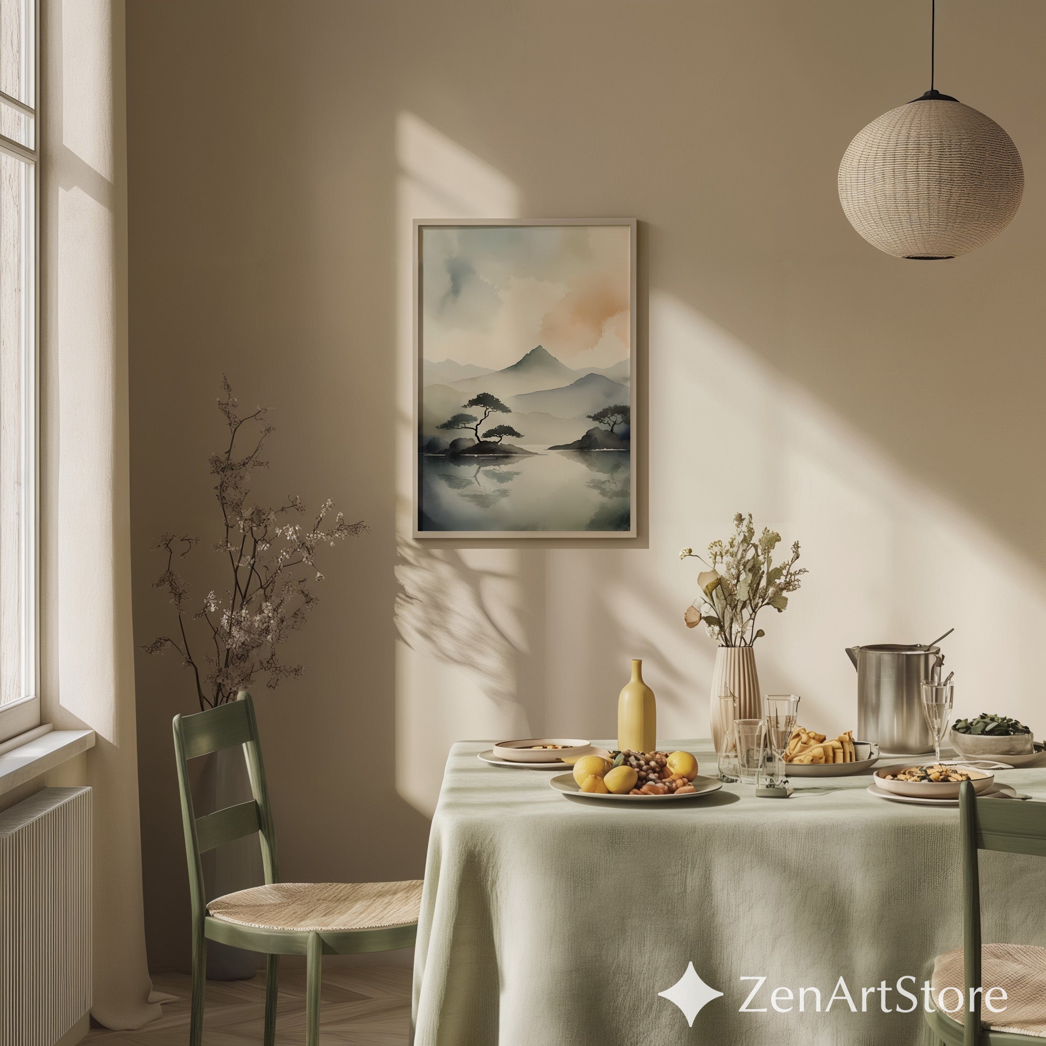 Zen Minimal Watercolor Mountain Print - Japandi Neutral Landscape Wall Art for Living Room