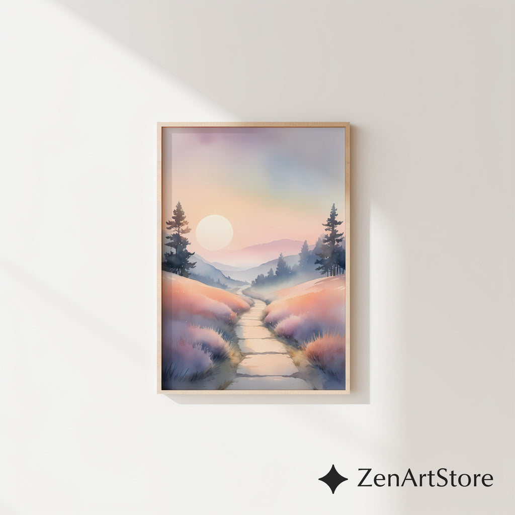 Misty Pastel Sunrise Landscape Print — Serene Pathway Wall Art for Zen, Japandi & Minimal Home Decor