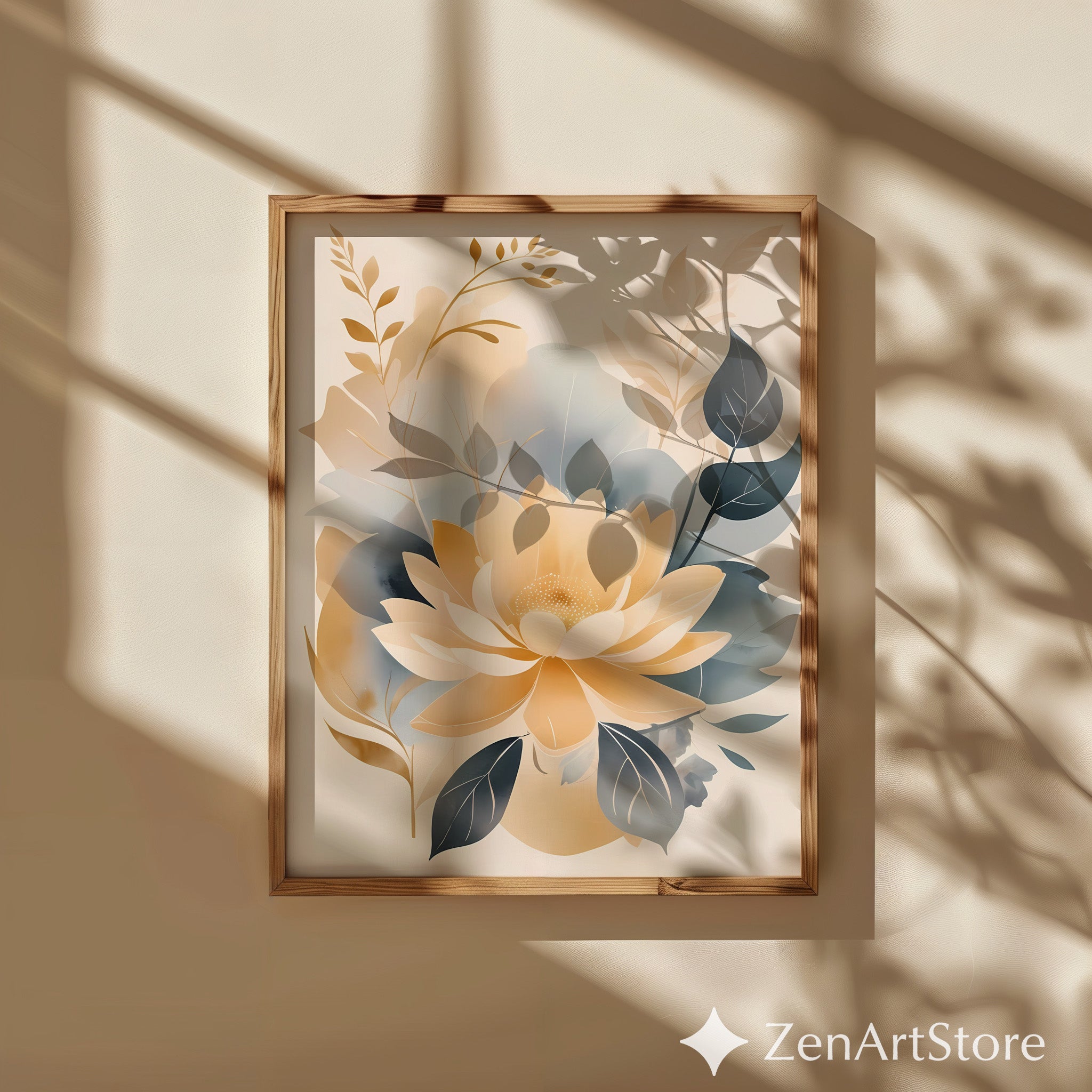 Beige Gold Floral Wall Art Print - Minimal Neutral Botanical Decor for Japandi, Scandinavian Living Room & Bedroom