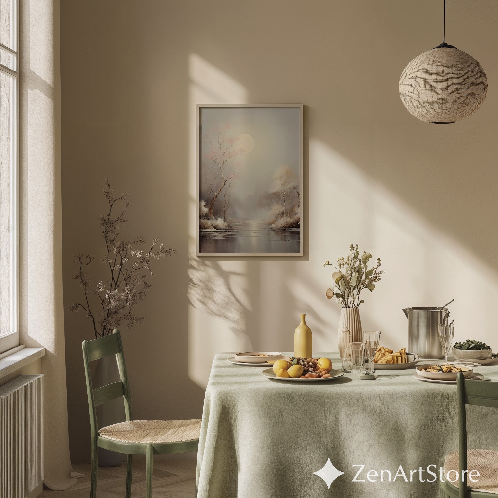 Moonlit Minimal Landscape Art Print - Japandi Neutral Wall Decor, Calming Beige & Blush Tree Canvas for Living Room or Bedroom