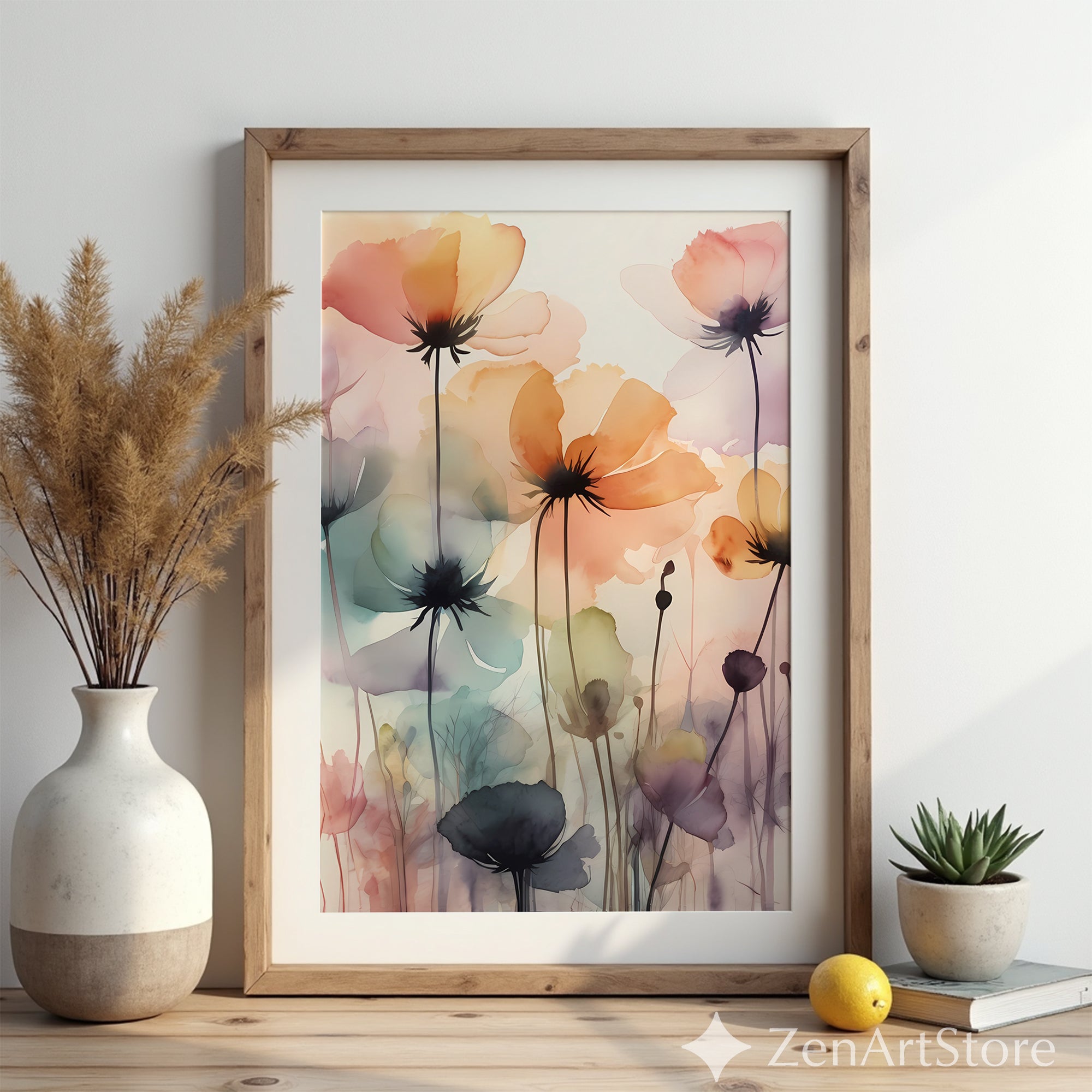 Ethereal Watercolor Poppy Wall Art Print - Soft Pastel Floral Poster for Living Room, Bedroom, Nursery, Japandi Minimal Home Decor