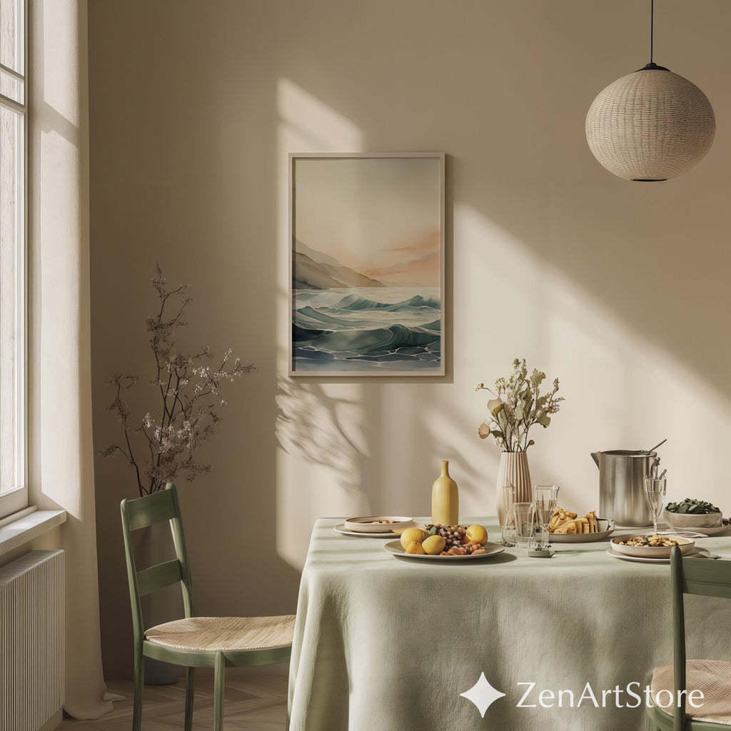 Calm Coastal Sunrise Seascape - Minimal Japandi Ocean Wall Art, Neutral Beige & Blue Landscape Print for Living Room