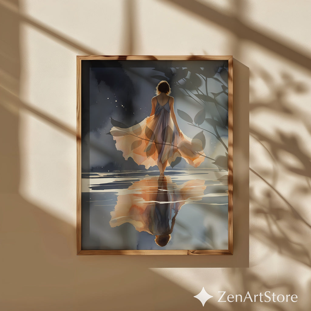 Ethereal Woman Walking on Water Art Print - Peach Reflection Minimal Zen Wall Art for Bedroom & Living Room