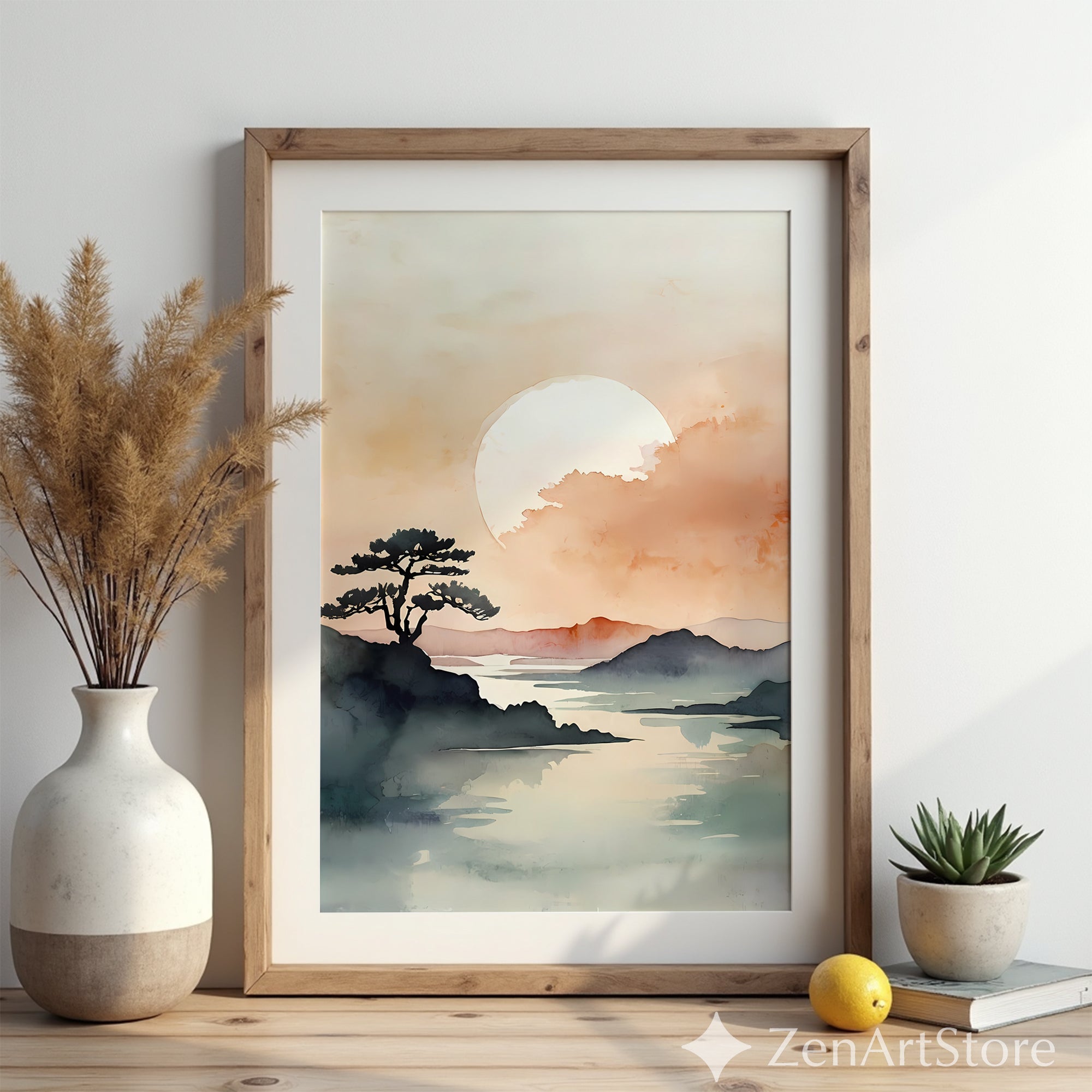 Zen Watercolor Landscape Print - Minimal Japandi Sunset Moon Wall Art, Calming Neutral Home Decor
