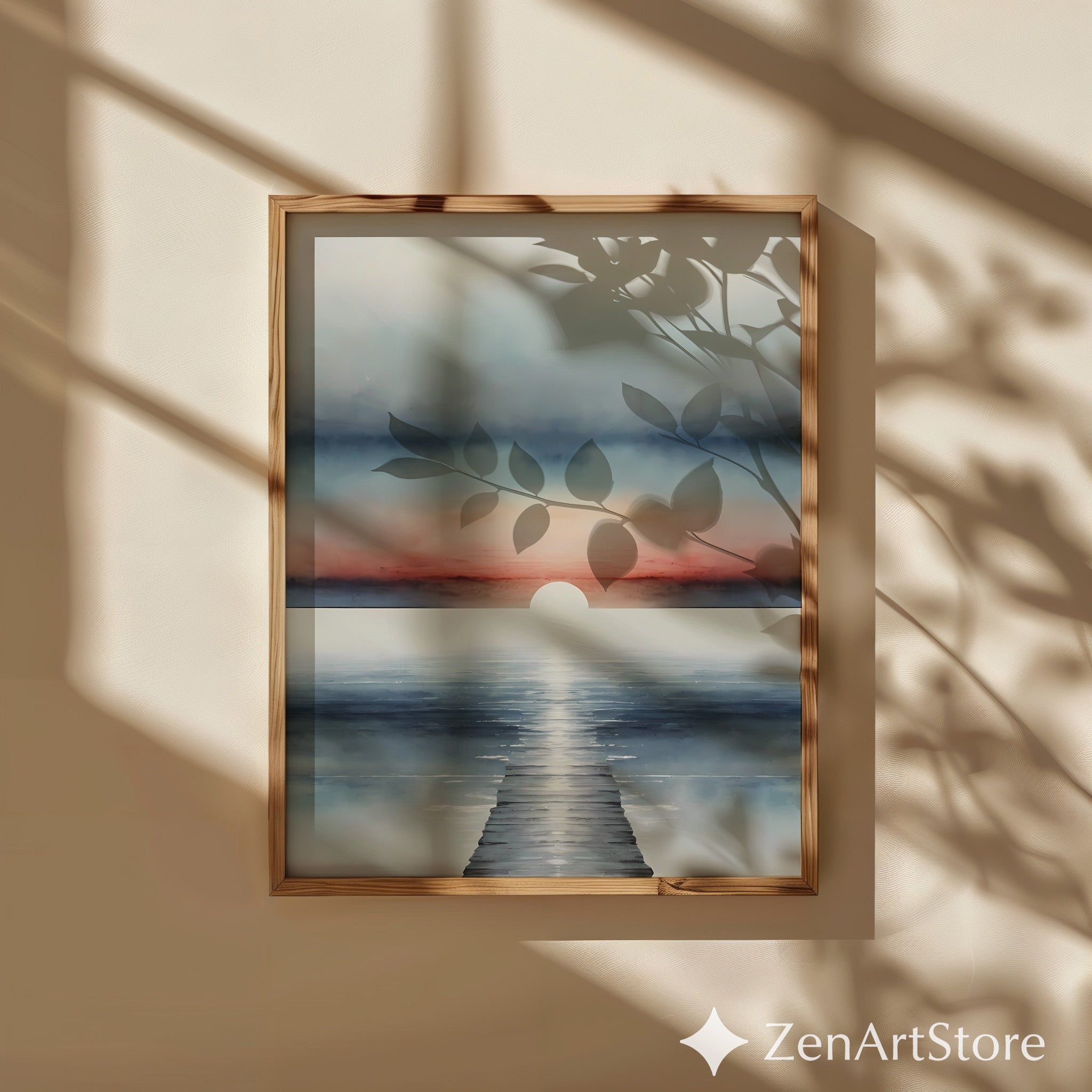 Serene Sunrise Seascape Print - Minimal Coastal Wall Art, Pier Horizon, Modern Japandi Zen Living Room Decor